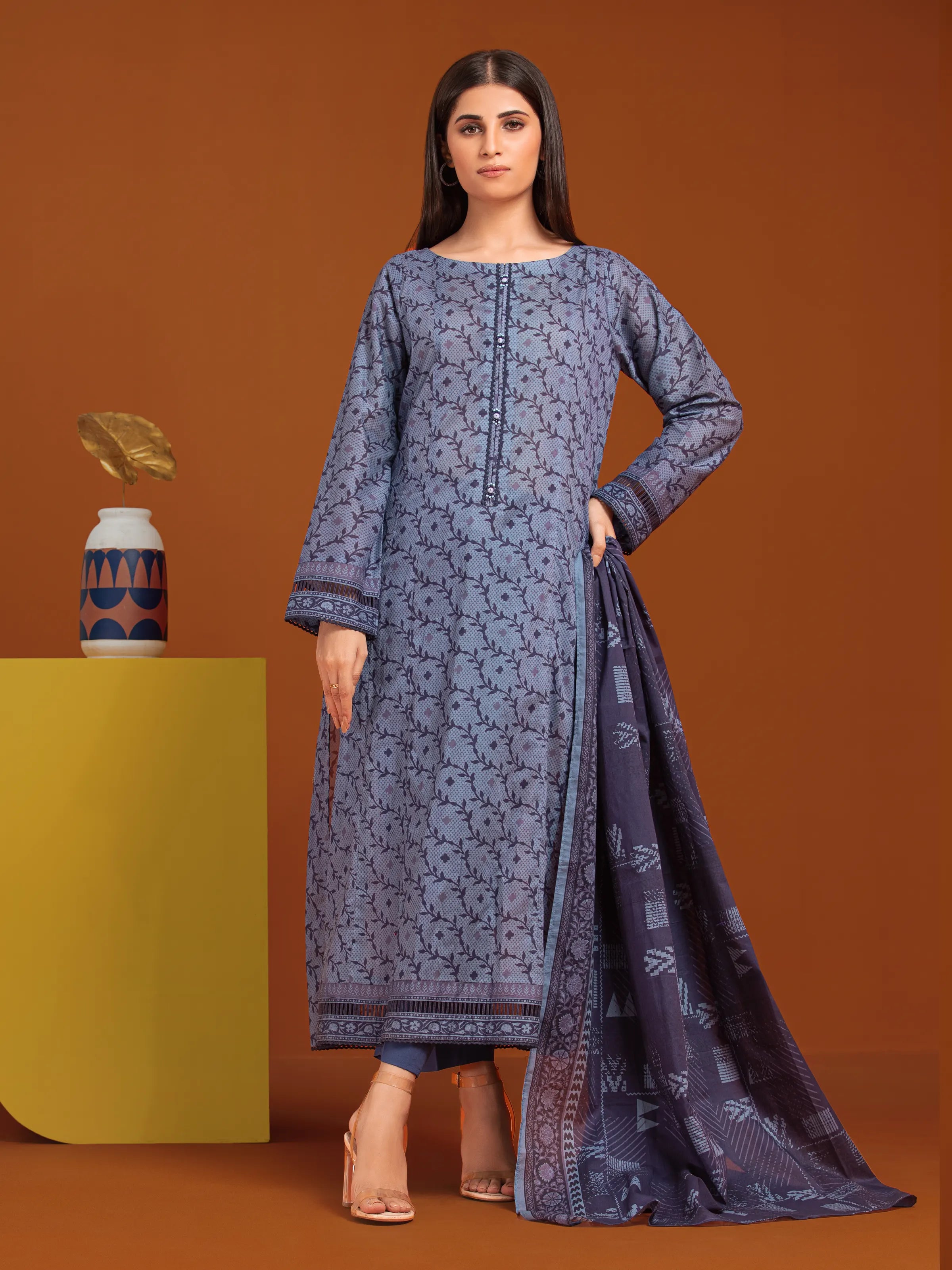 Unstitched Navy Printed Cambric 3 Piece - EWU24A2-27123-3P