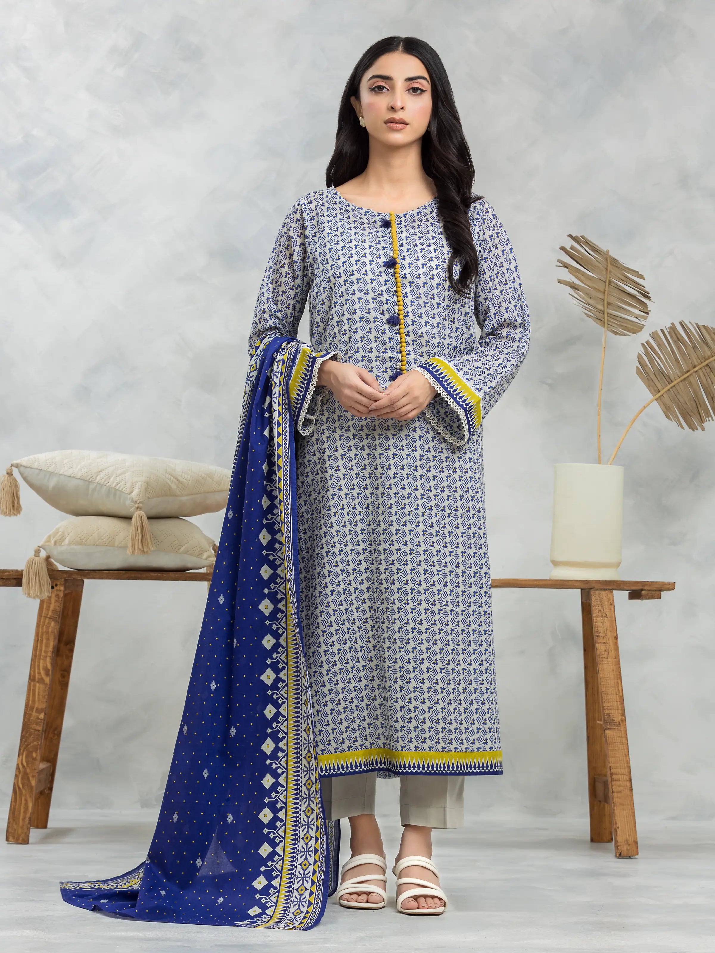 Unstitched Cream & Blue Printed Cambric 3 Piece - EWU24A2-28130-3P