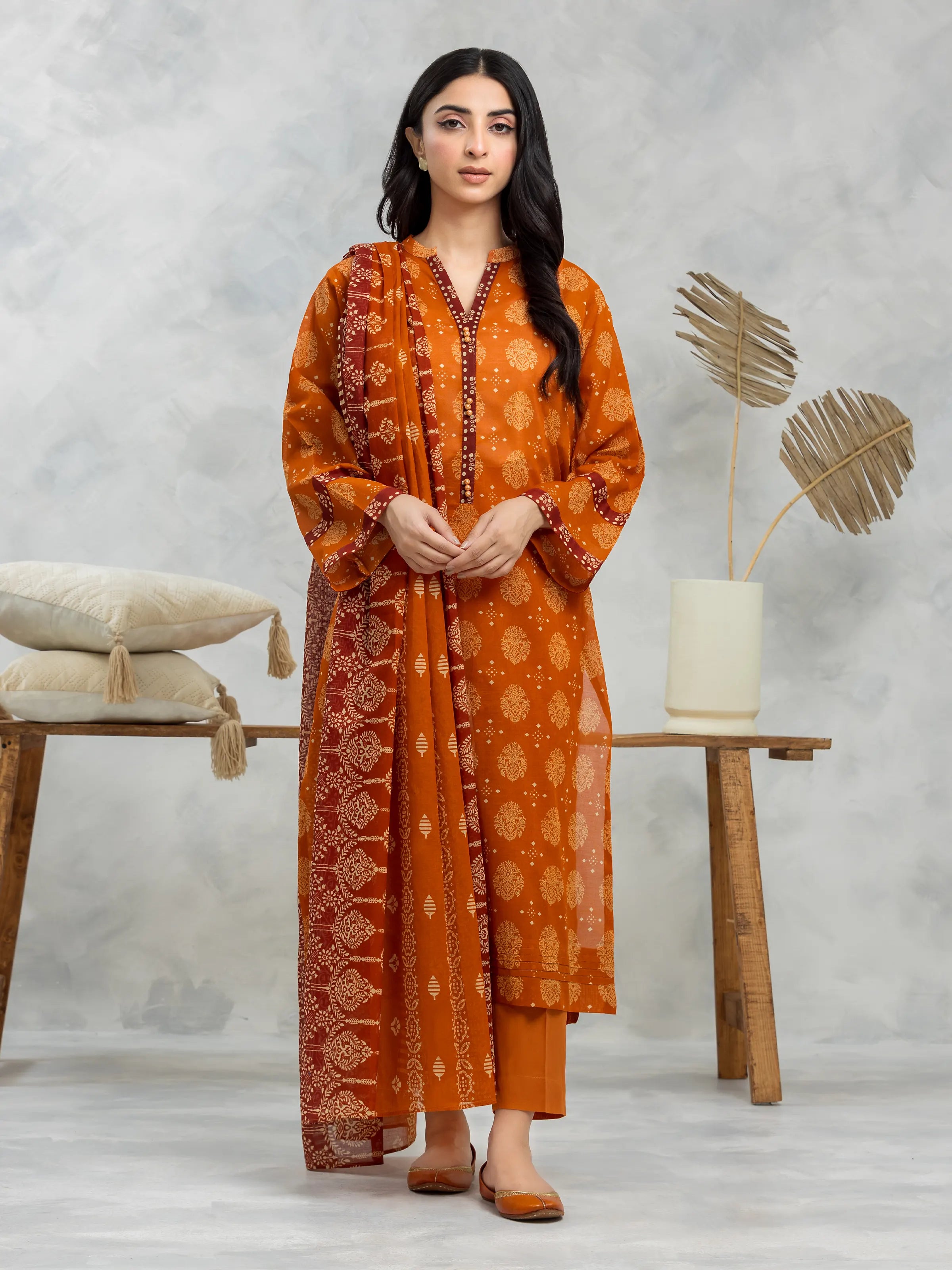 Unstitched Orange Printed Cambric 3 Piece - EWU24A2-28213-3P