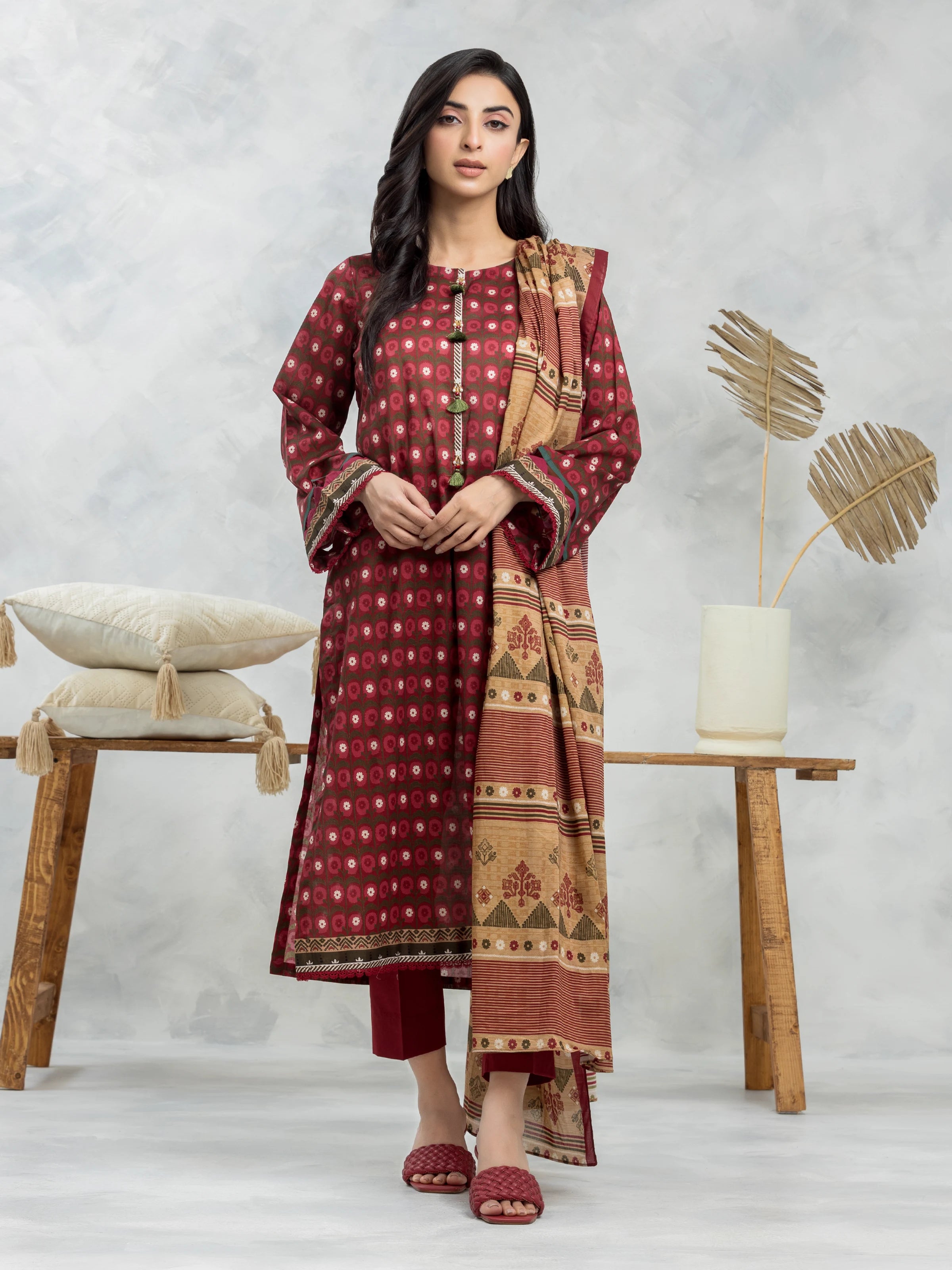 Unstitched Maroon Printed Cambric 3 Piece - EWU24A2-28243-3P