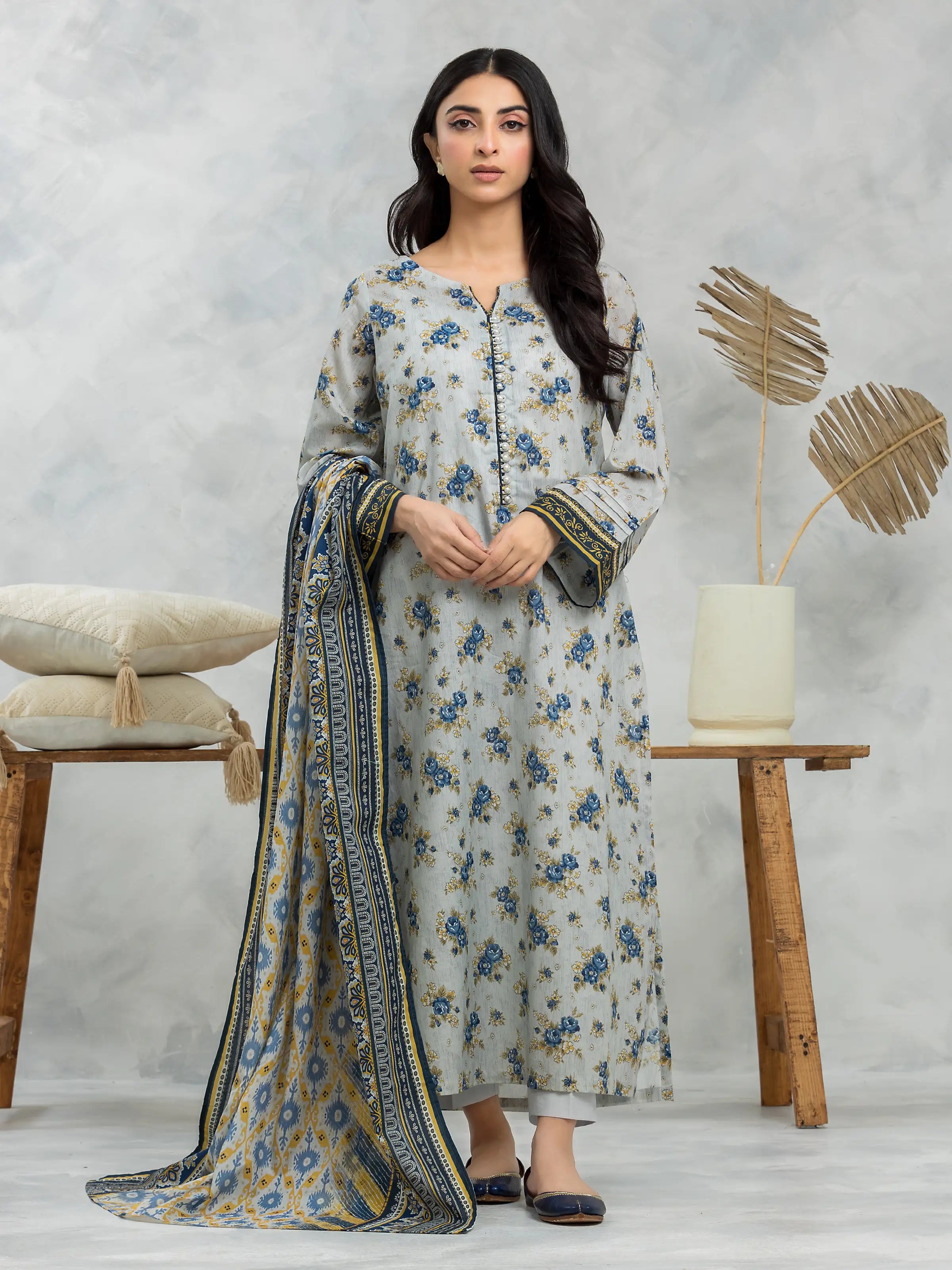 Unstitched Light Grey Printed Cambric 3 Piece - EWU24A2-28250-3P