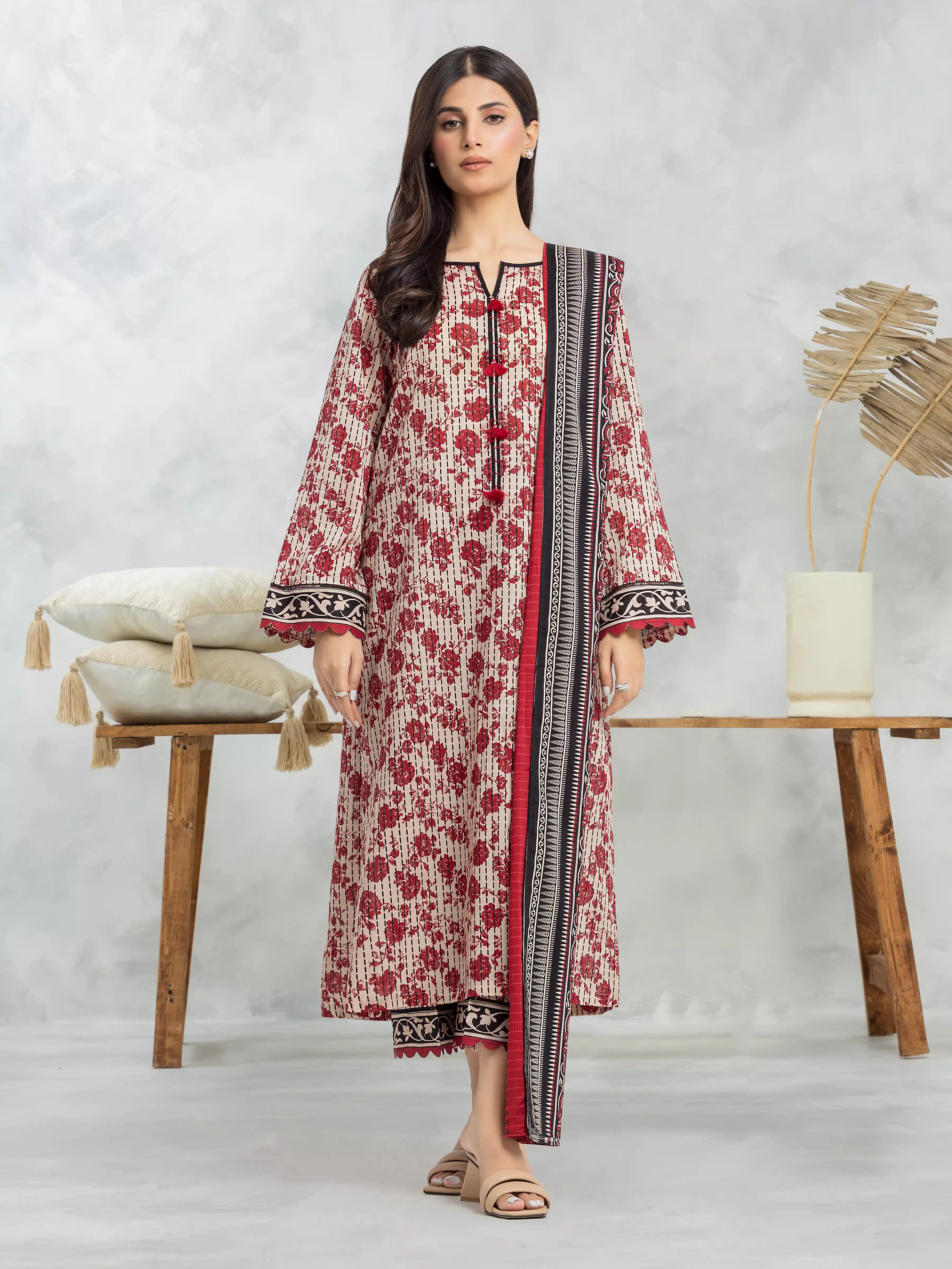 Unstitched Beige & Maroon Printed Cambric 3 Piece - EWU24A2-28512-3P