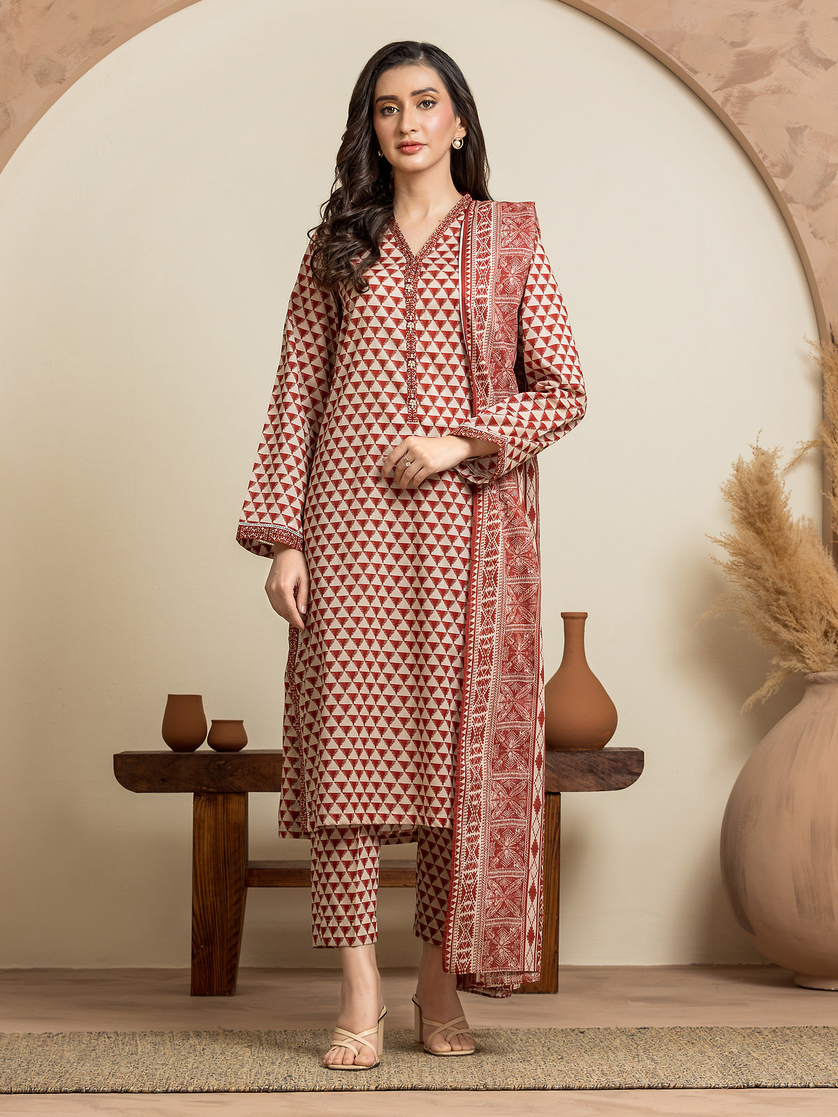 EWU24A2-29035-3P Unstitched Cream & Rust Printed Cambric 3 Piece