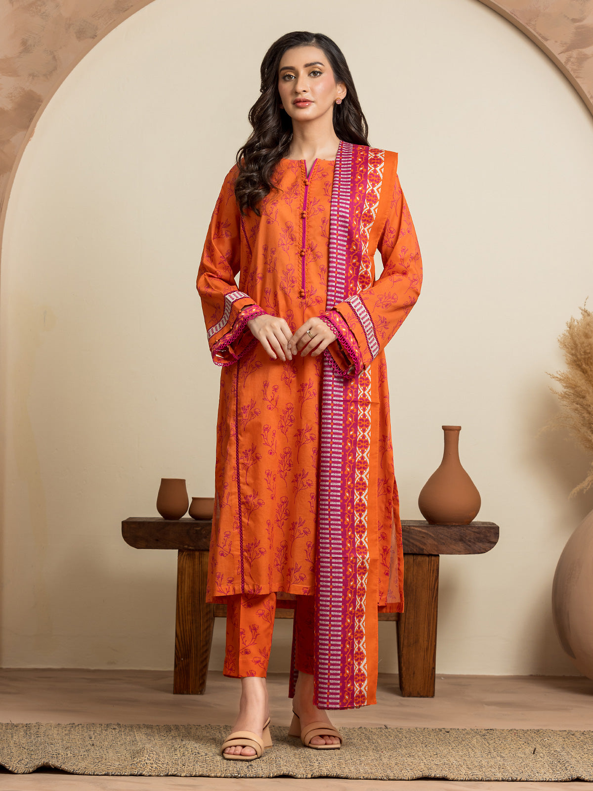 EWU24A2-29237-3P Unstitched Orange Printed Cambric 3 Piece