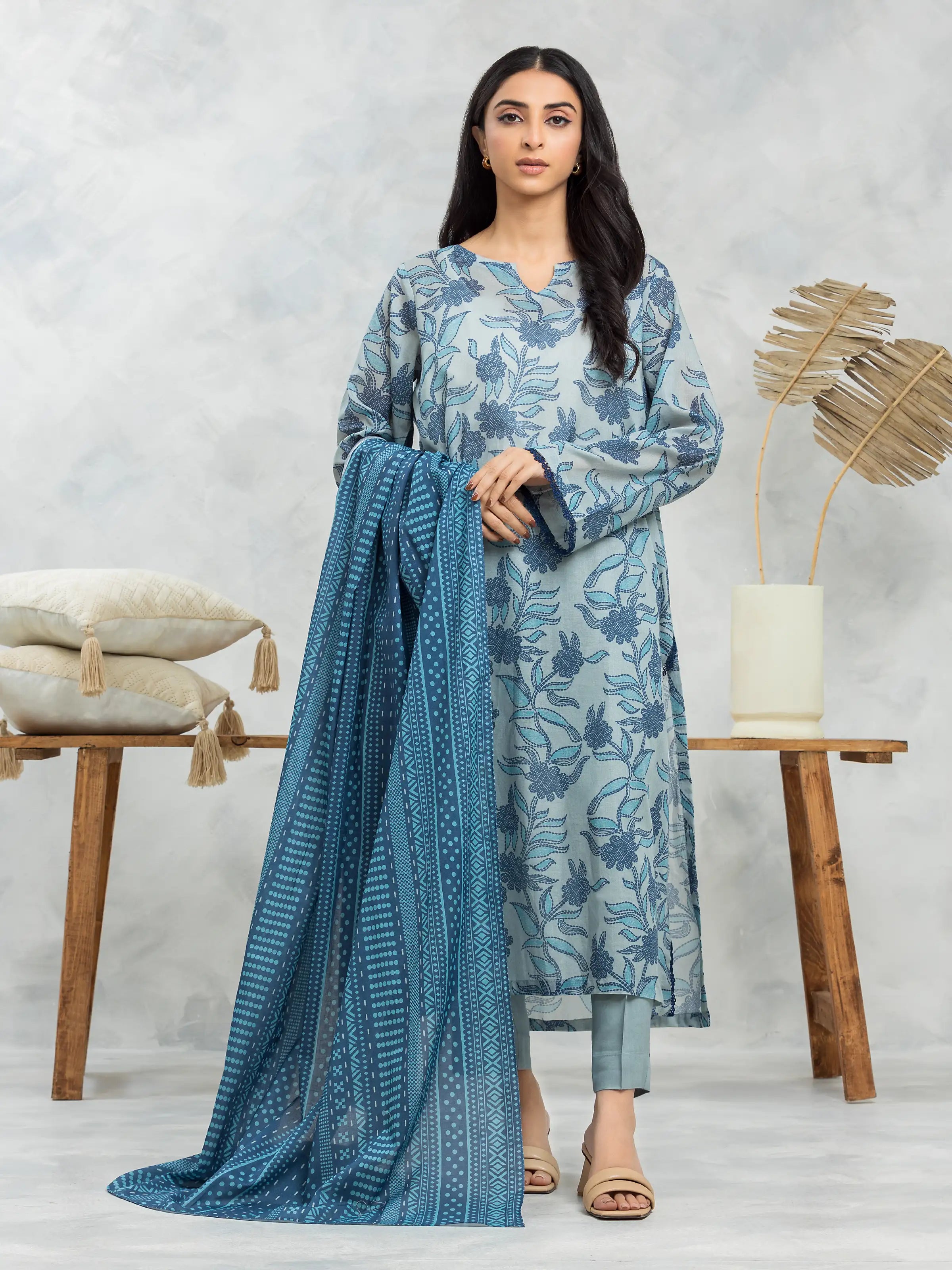 Unstitched Mist Blue Printed Cambric 3 Piece - EWU24A2-29262-3P