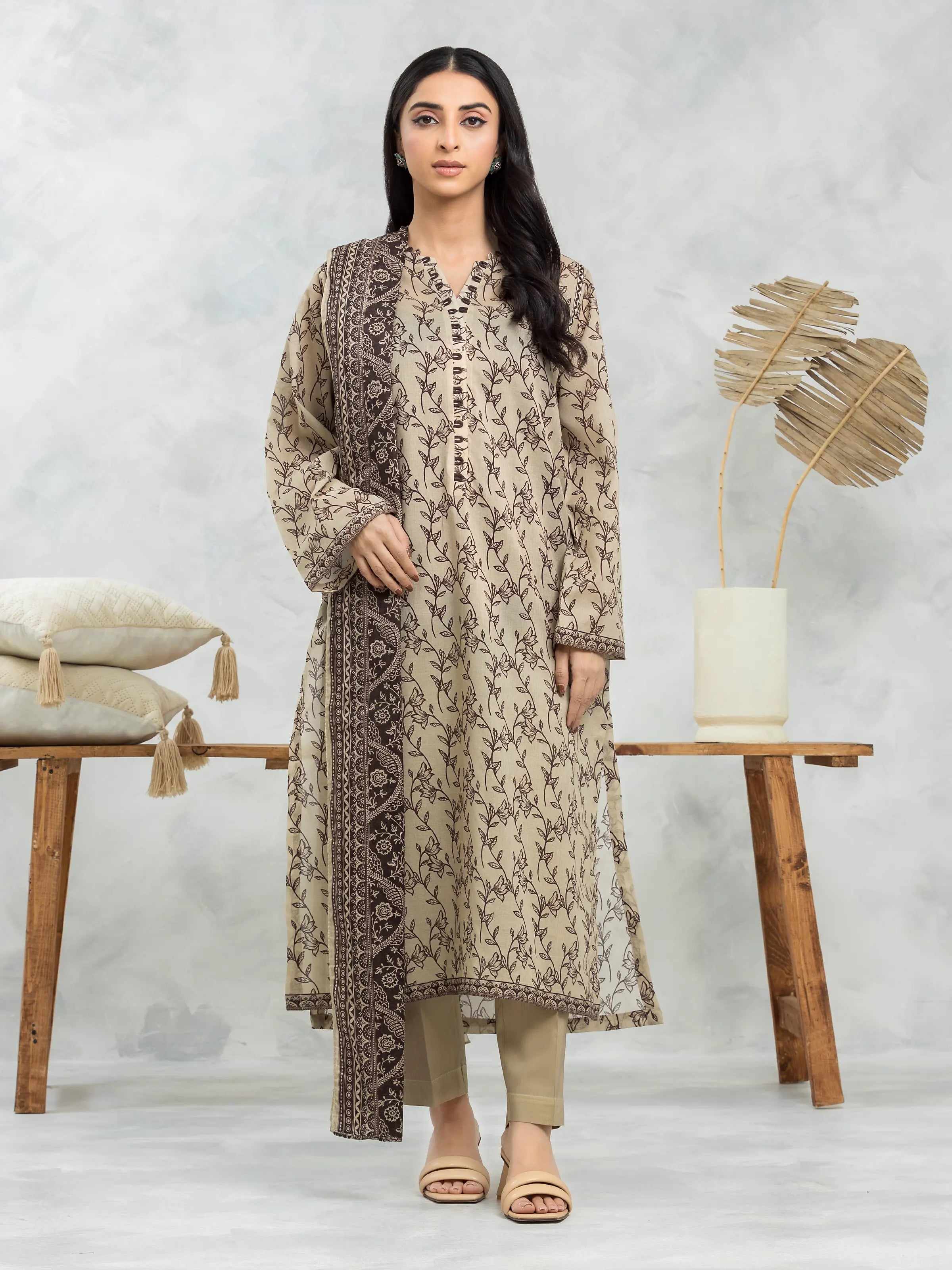 Unstitched Dark Beige Printed Cambric 3 Piece - EWU24A2-29265-3P