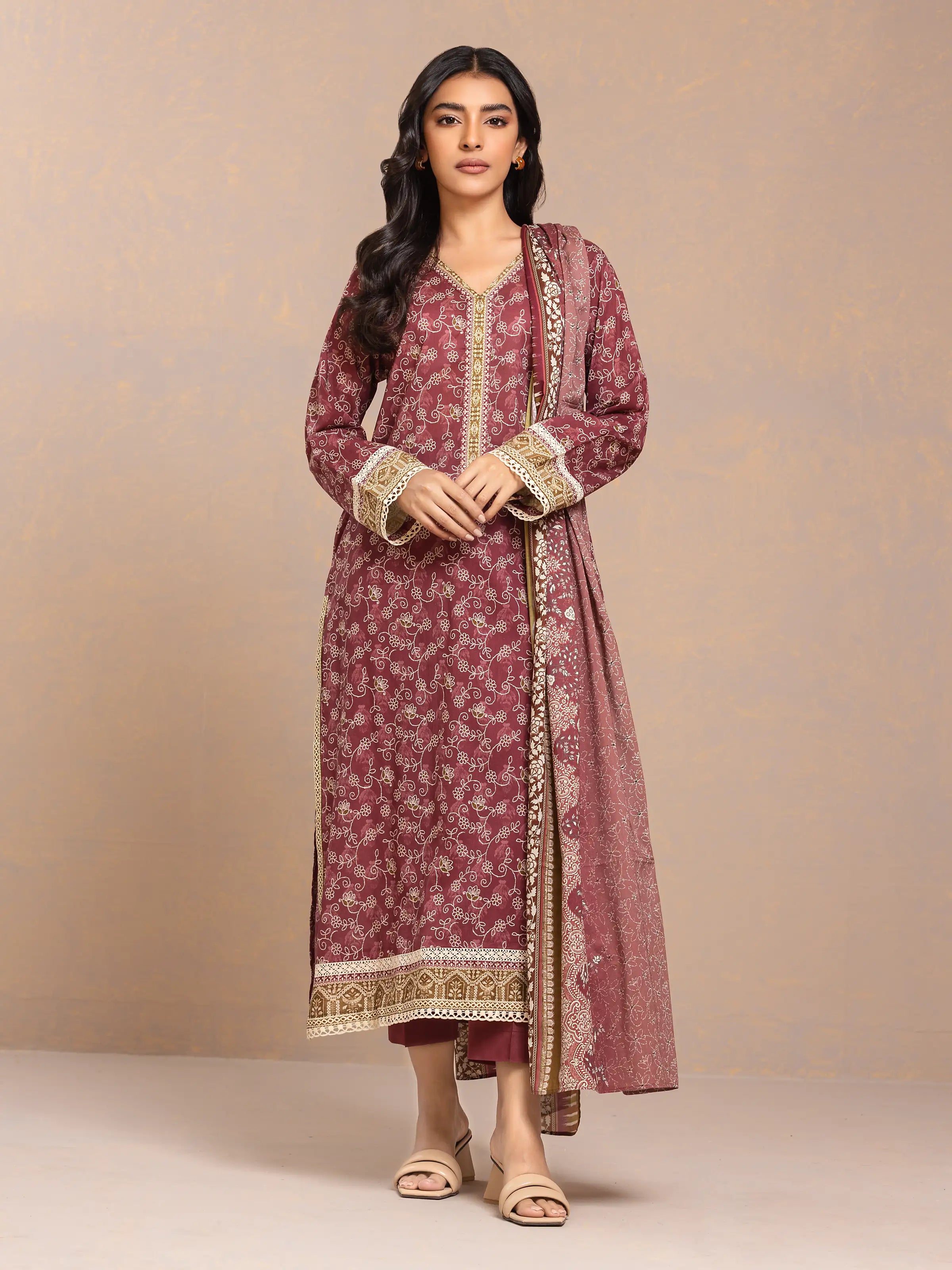 Unstitched Maroon Printed Cambric 3 Piece - EWU24A2-29508-3P