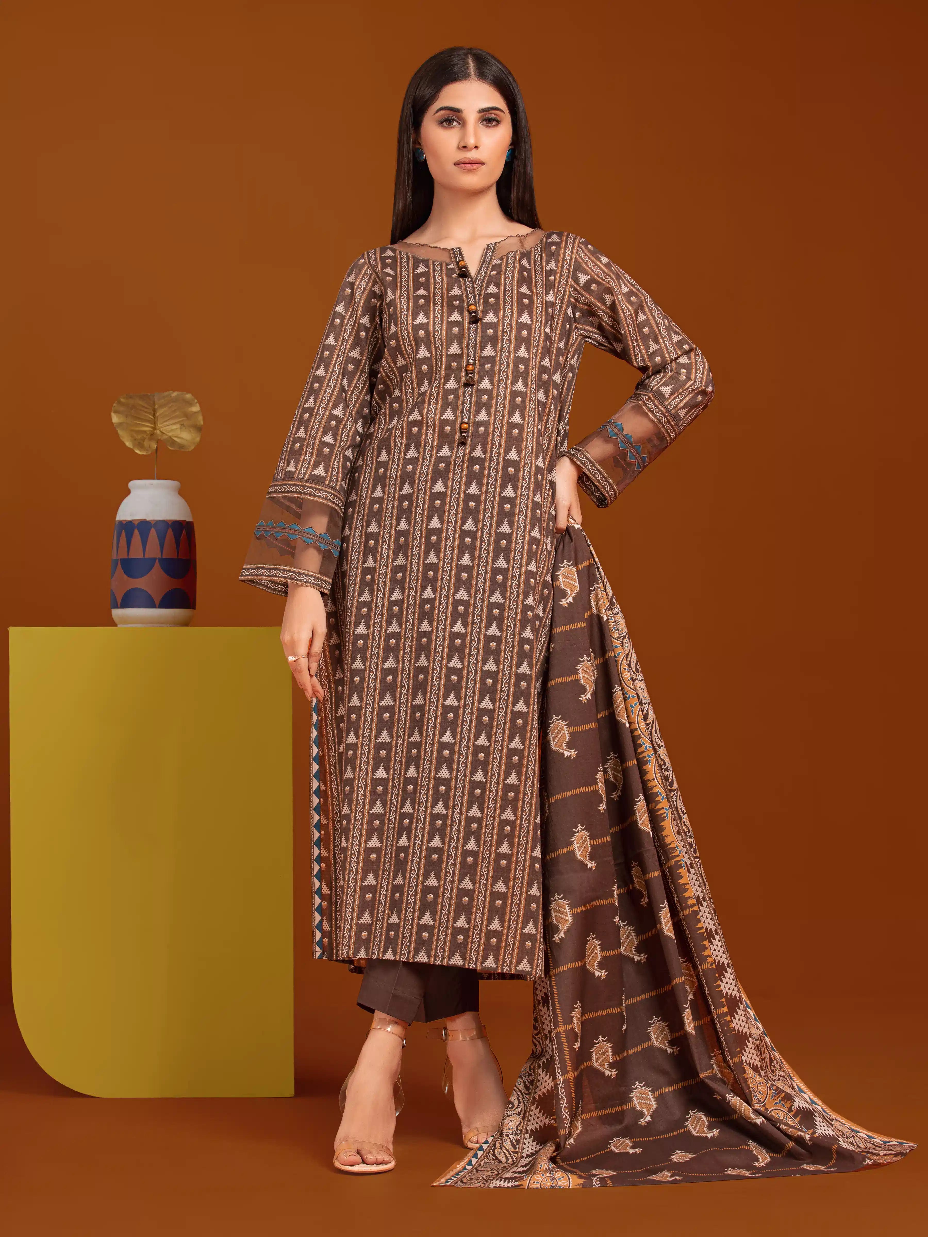 Unstitched Dark Brown Printed Khaddar 3 Piece - EWU24A3-27038-3P