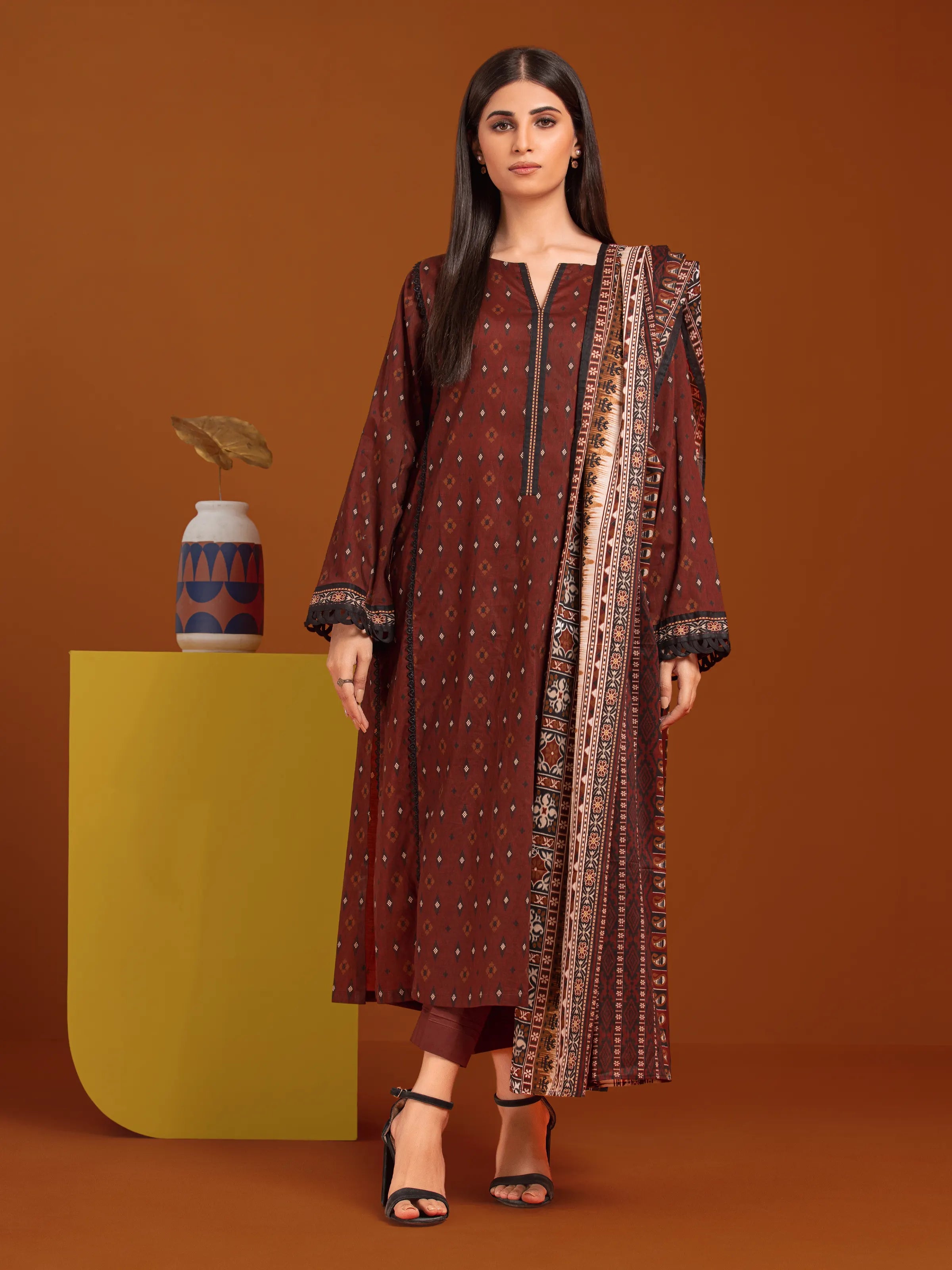 Unstitched Chocolate Brown Printed Khaddar 3 Piece - EWU24A3-27055-3P