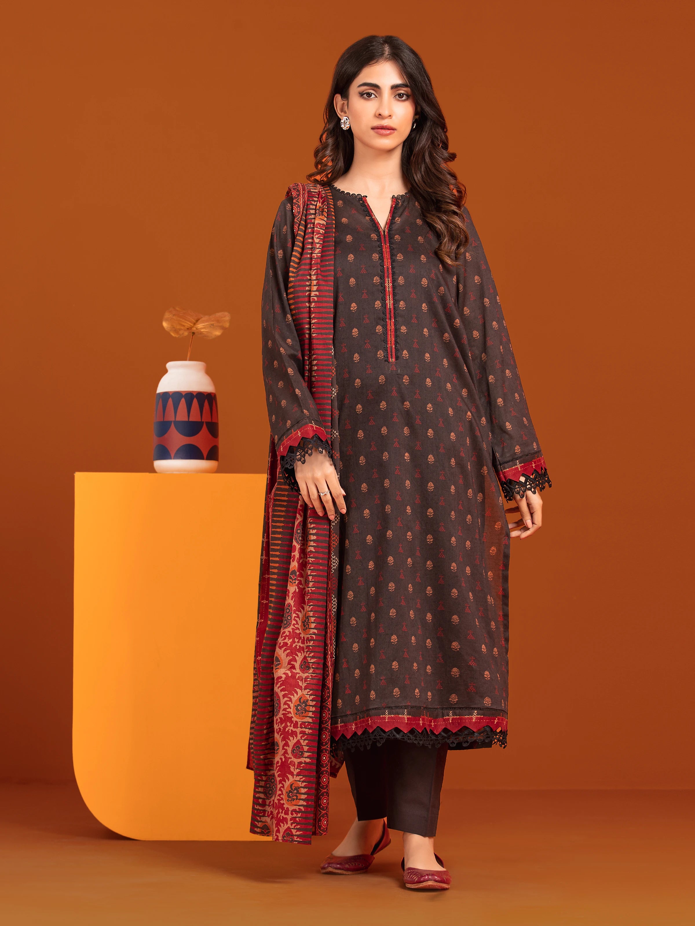 Unstitched Deep Brown Printed Khaddar 3 Piece - EWU24A3-27058-3P