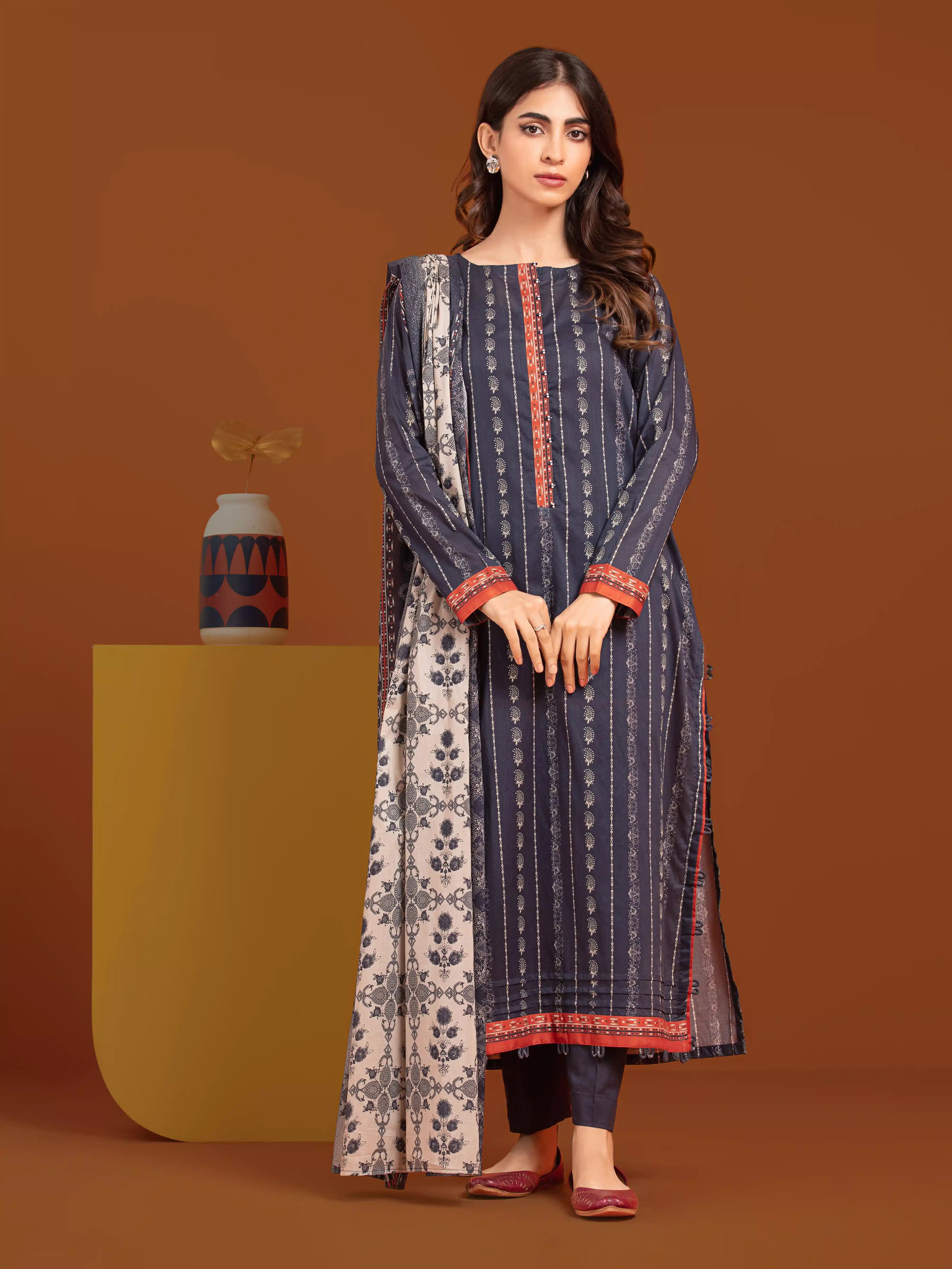 Unstitched Navy Blue Printed Khaddar 3 Piece - EWU24A3-27074-3P