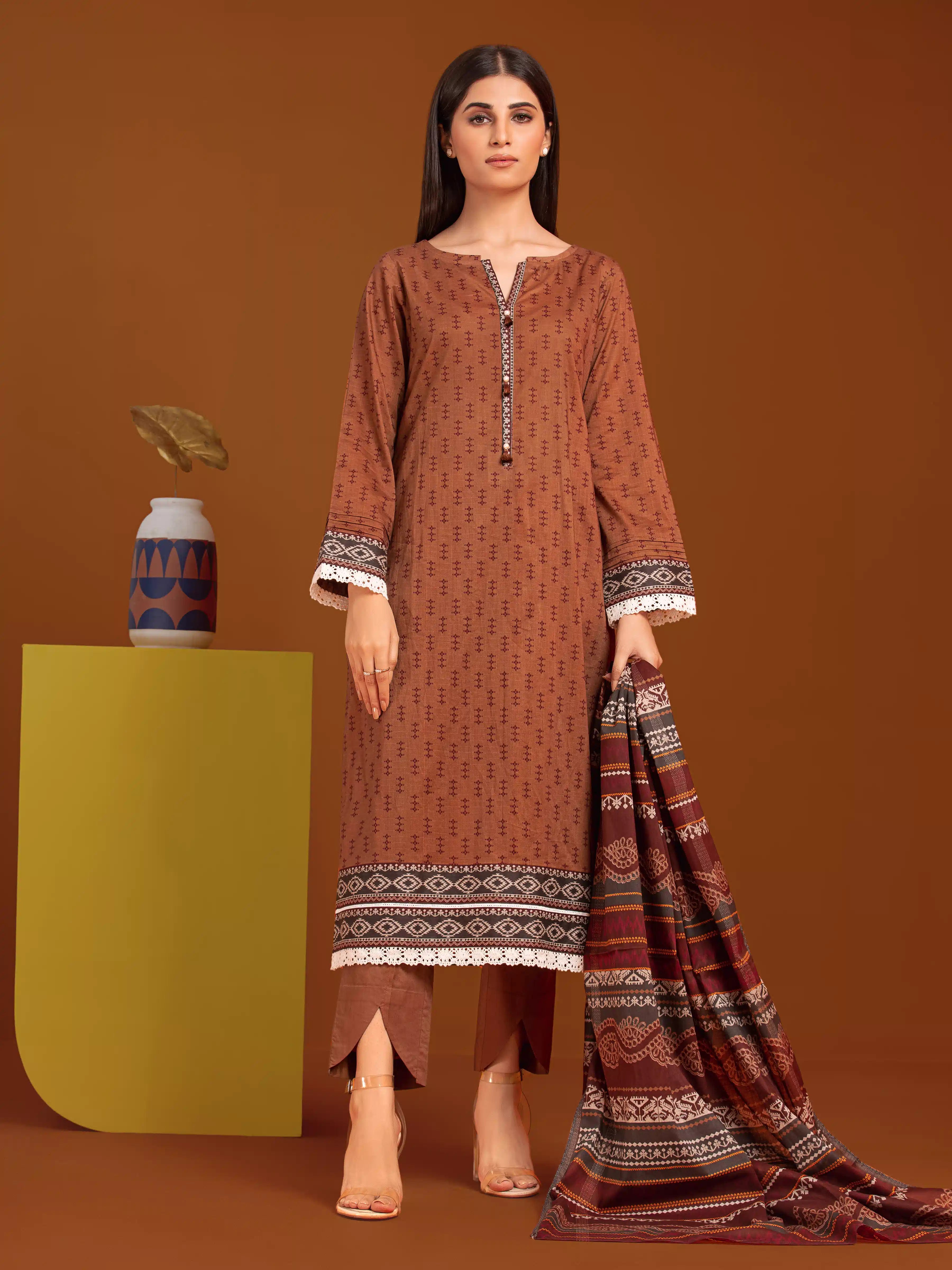 Unstitched Brown Printed Khaddar 3 Piece - EWU24A3-27079-3P