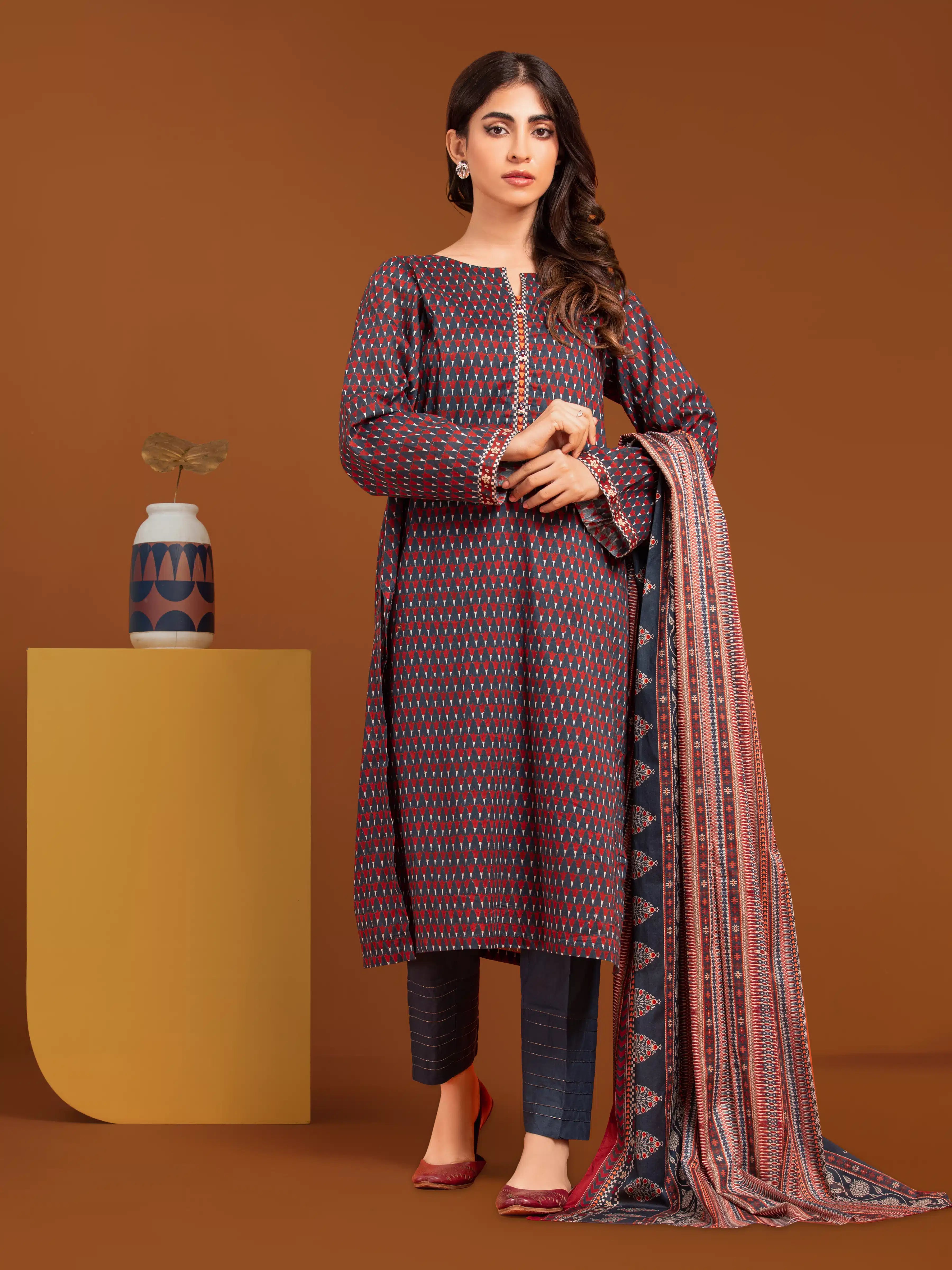 Unstitched Navy Blue Printed Khaddar 3 Piece - EWU24A3-27084-3P