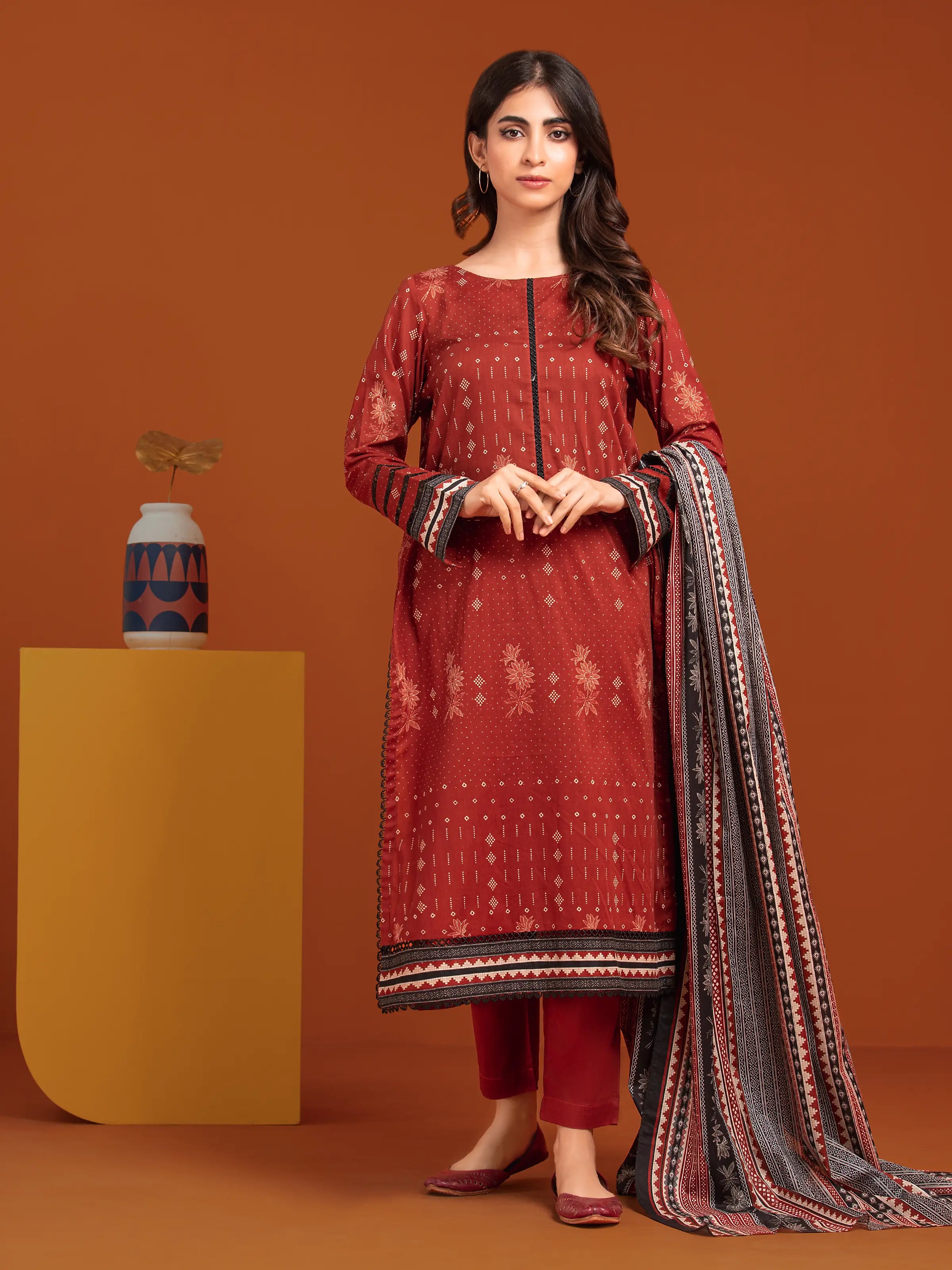 Unstitched Rust Printed Khaddar 3 Piece - EWU24A3-27089-3P