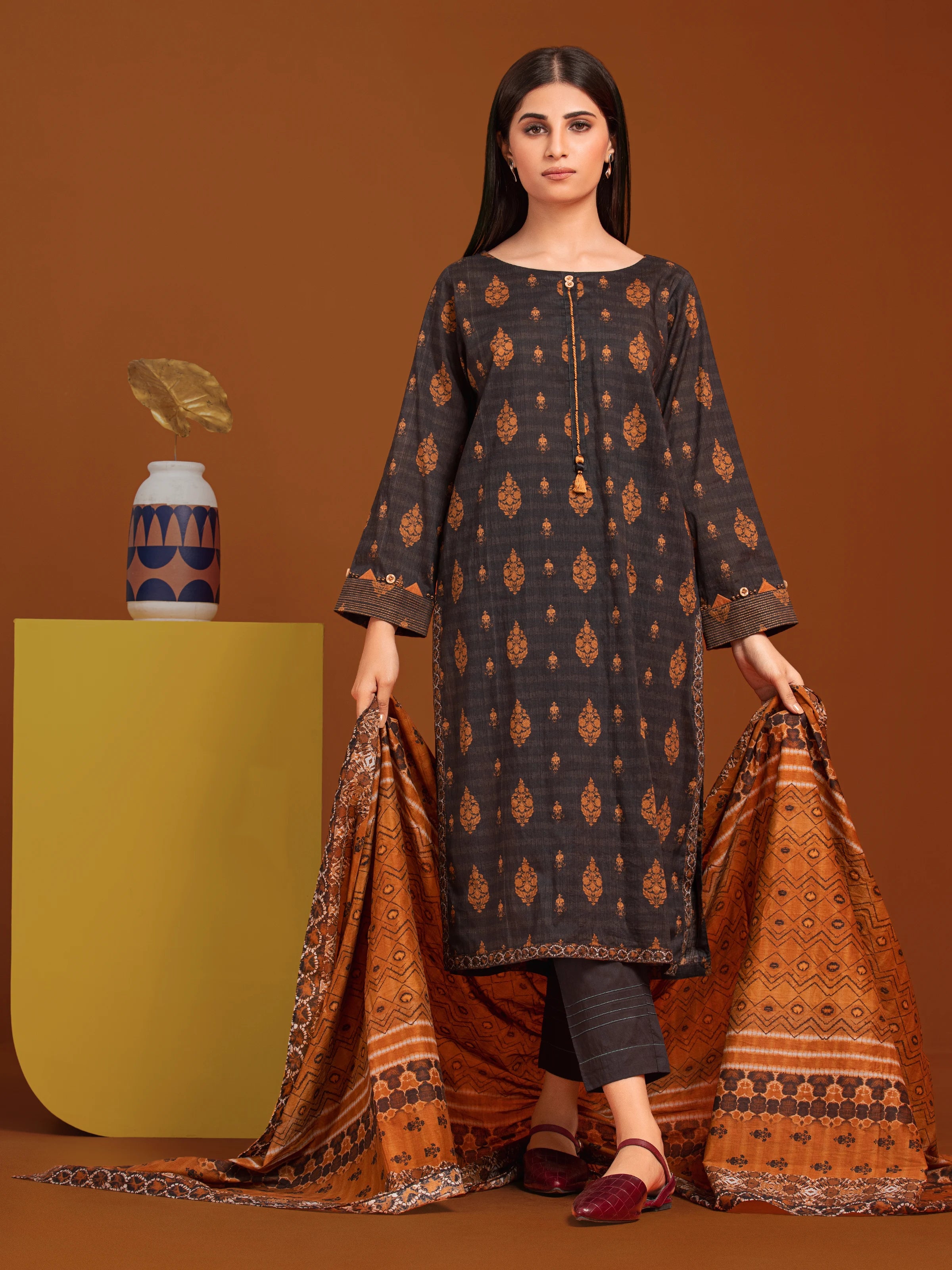 Unstitched Charcoal Printed Khaddar 3 Piece - EWU24A3-27094-3P