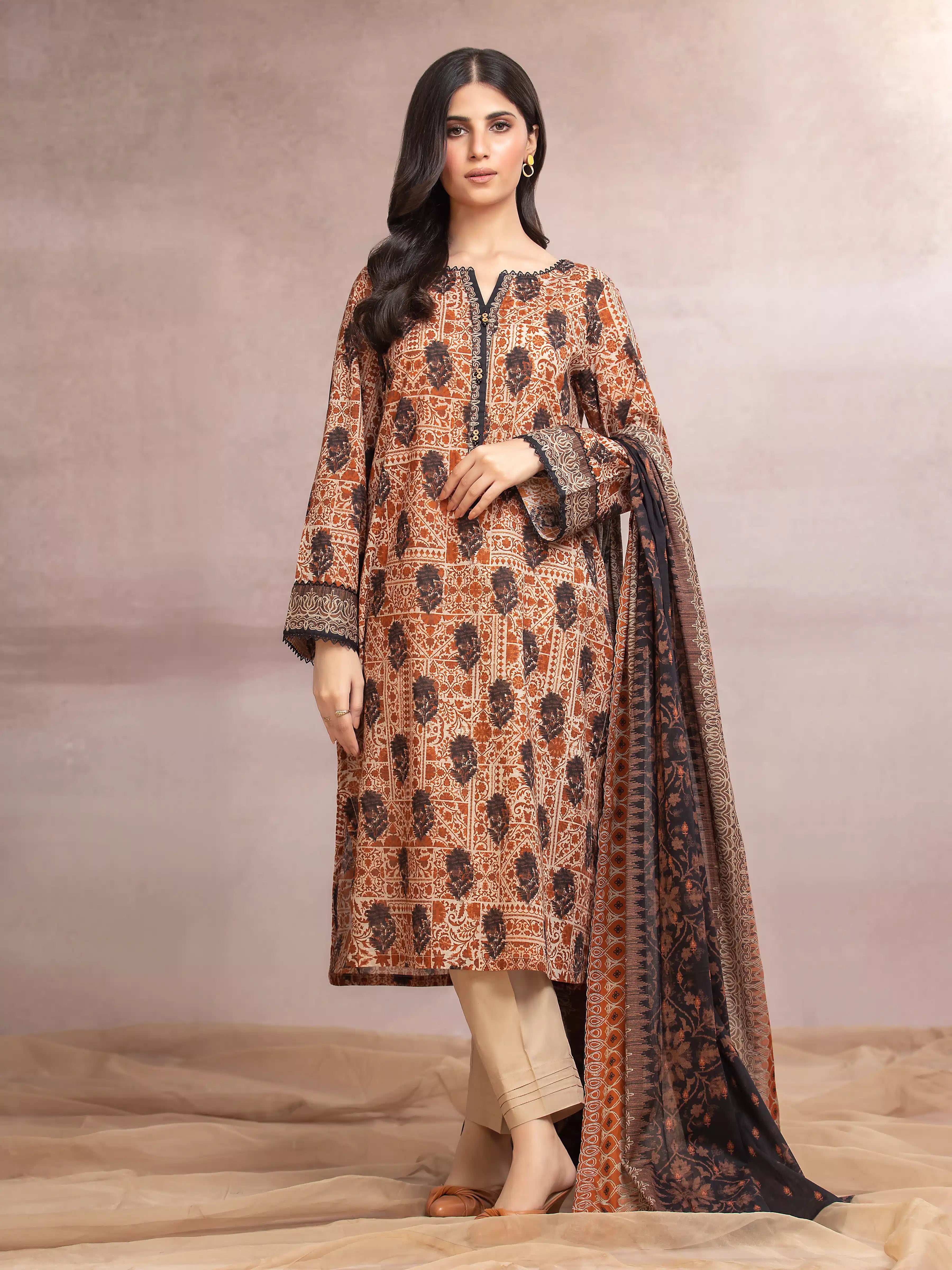 Unstitched Brown Printed Khaddar 3 Piece - EWU24A3-27097-3P