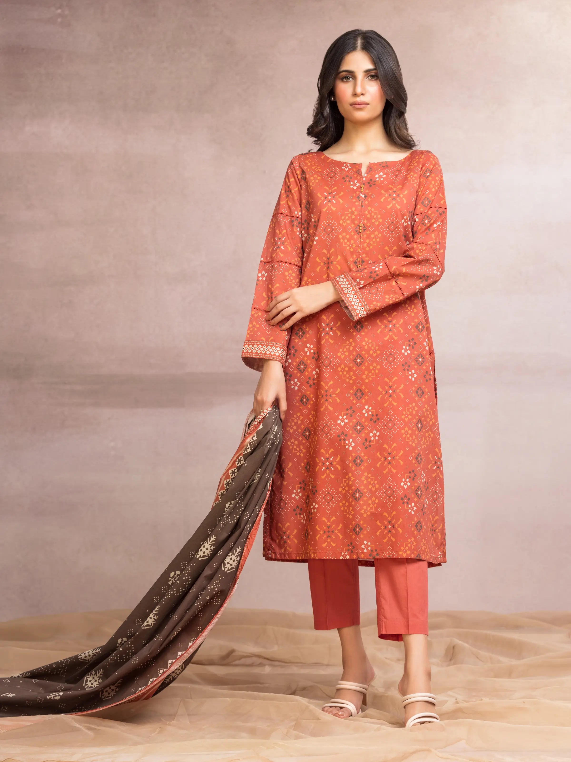 Unstitched Peach Printed Khaddar 3 Piece - EWU24A3-27102-3P