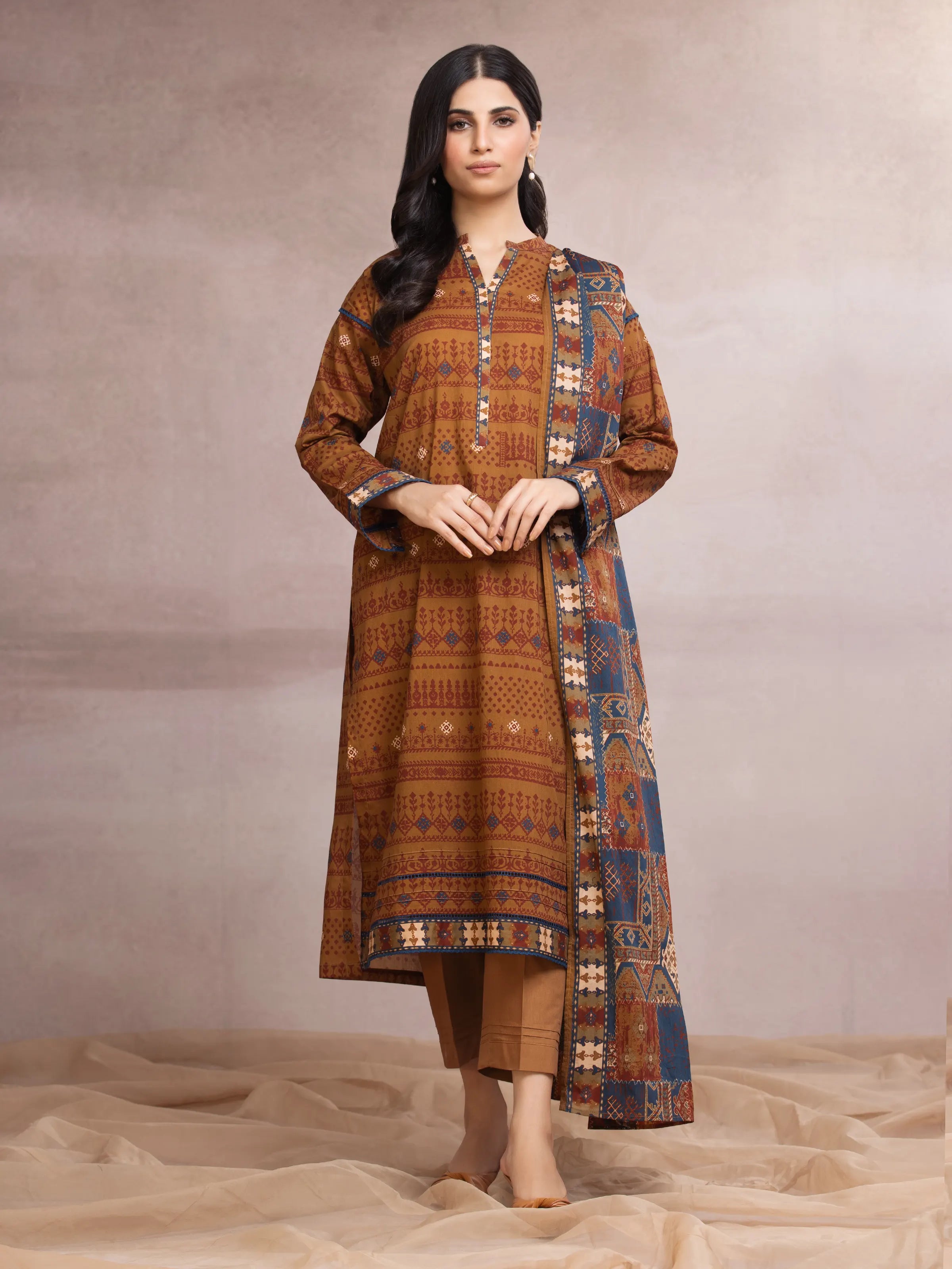 Unstitched Brown Printed Khaddar 3 Piece - EWU24A3-27107-3P