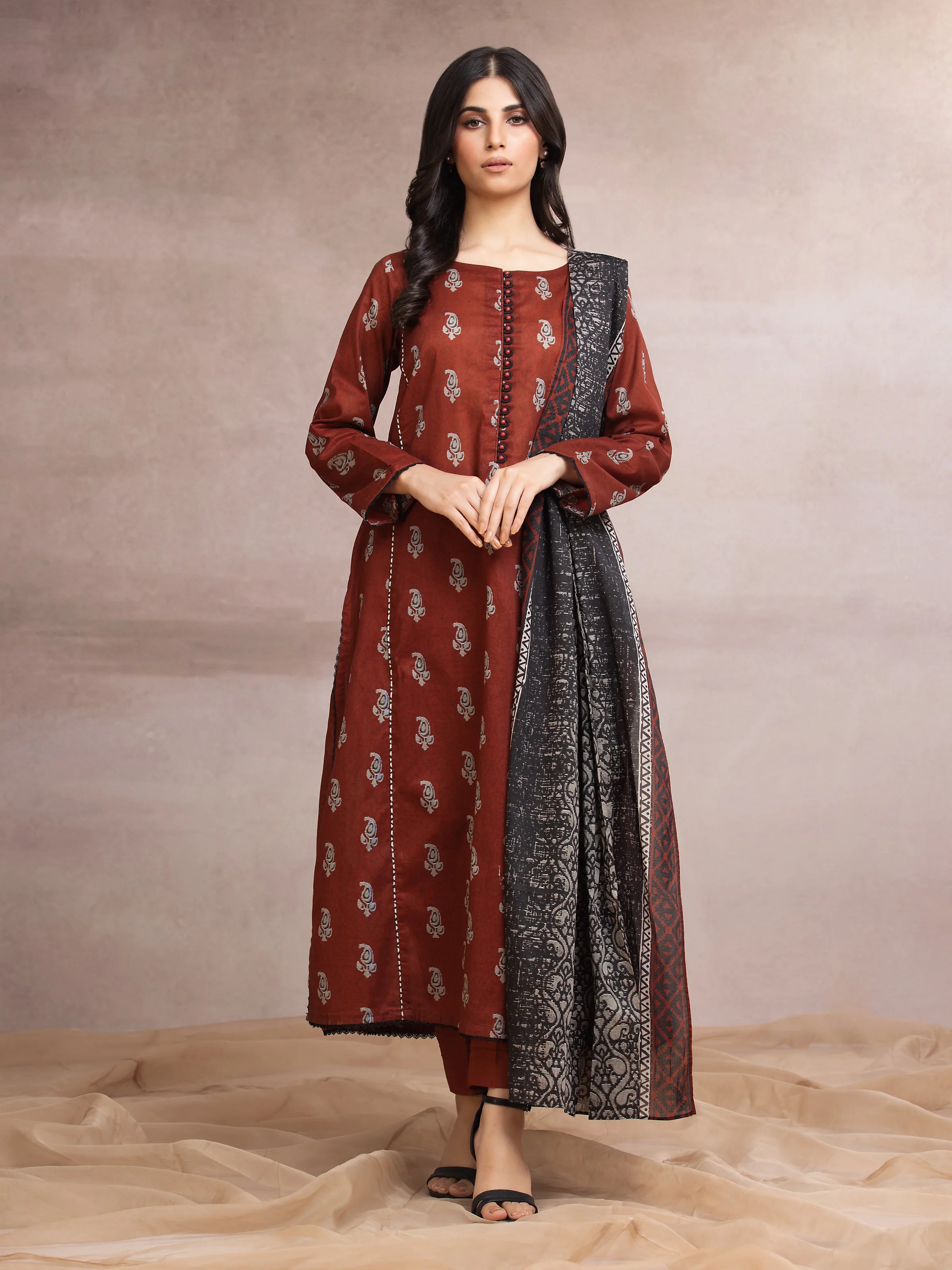 Unstitched Maroon Printed Khaddar 3 Piece - EWU24A3-27122-3P