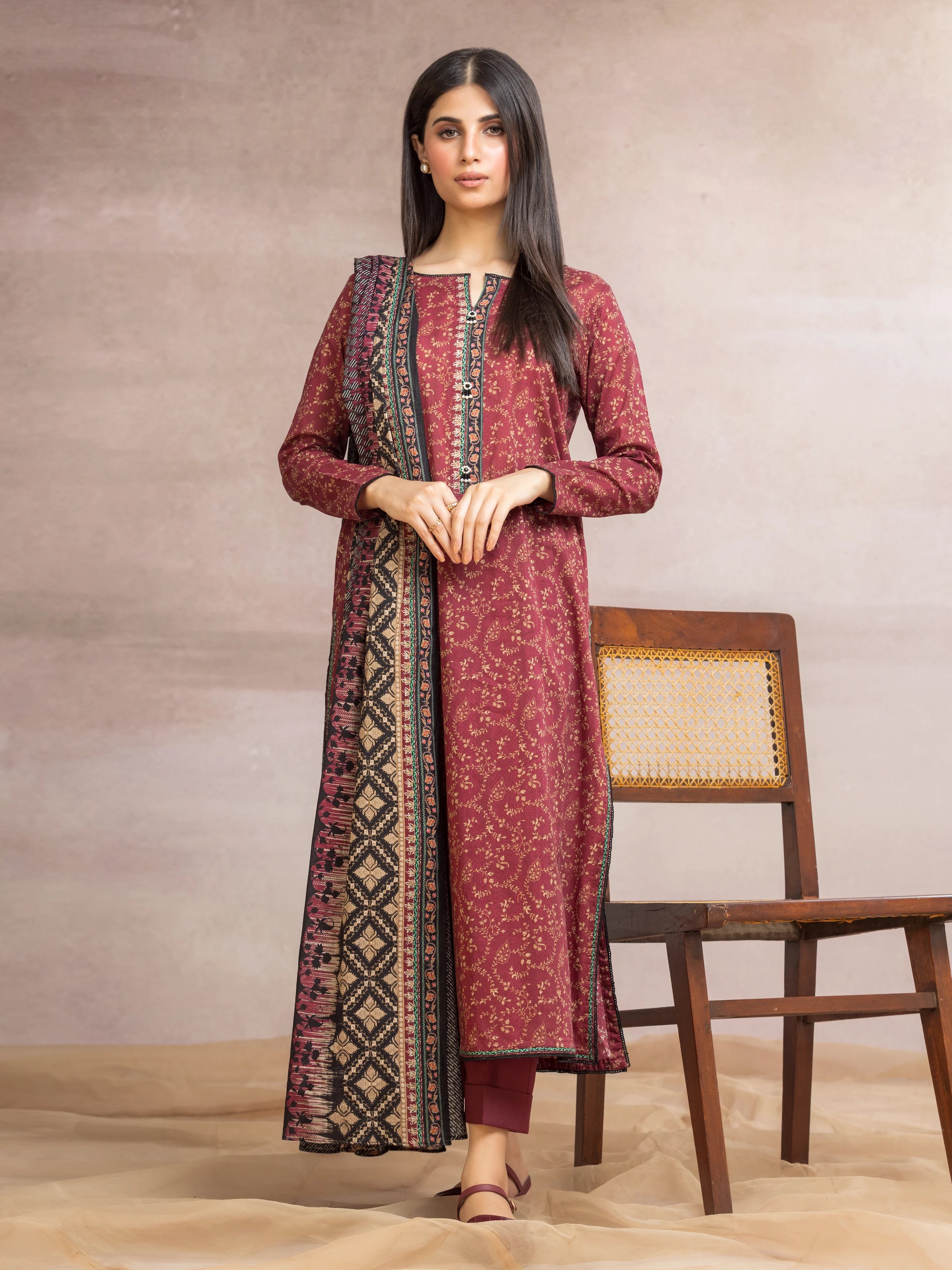 Unstitched Maroon Printed Khaddar 3 Piece - EWU24A3-27154-3P