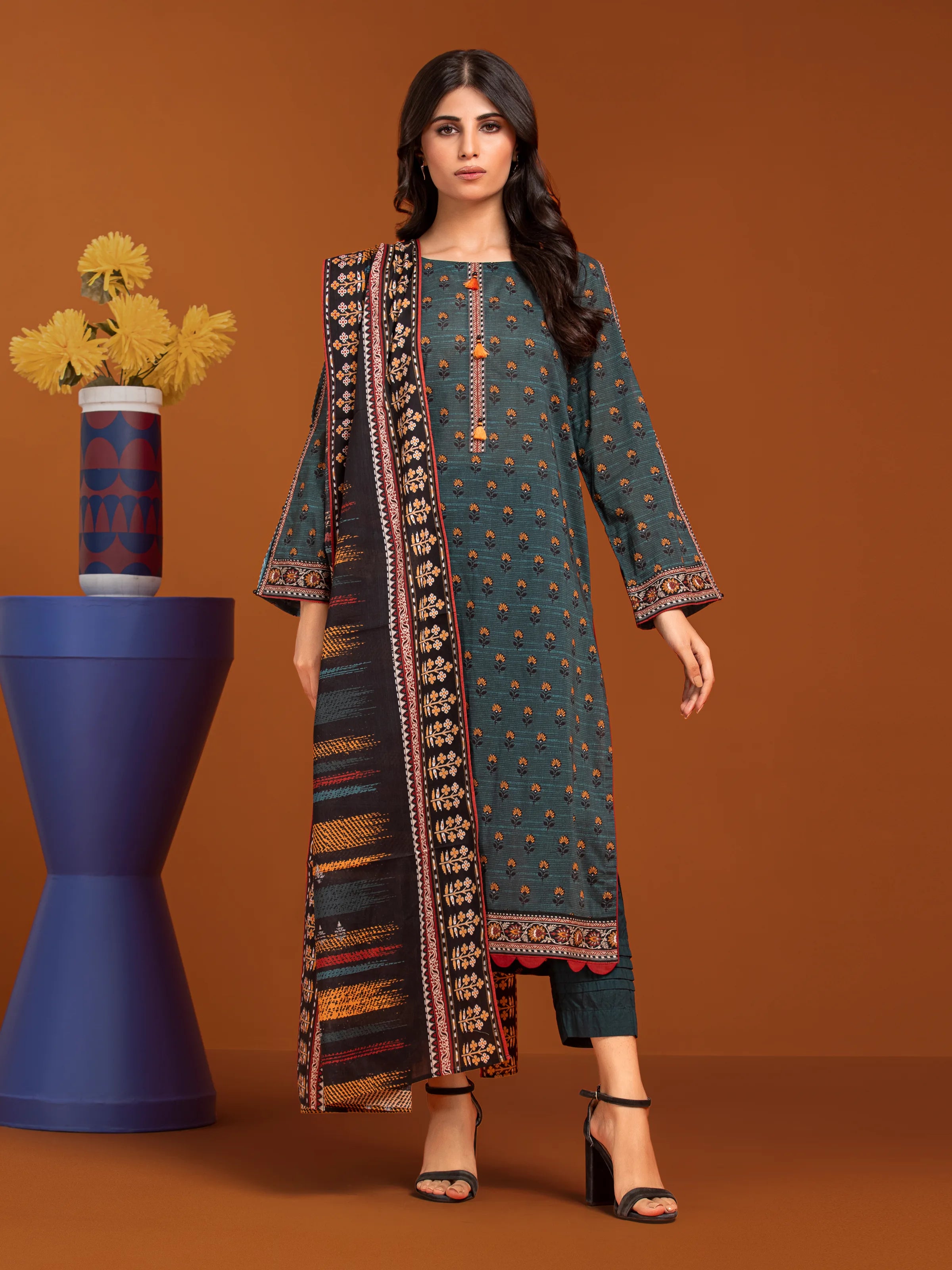 Unstitched Dark Teal Printed Khaddar 3 Piece - EWU24A3-27168-3P