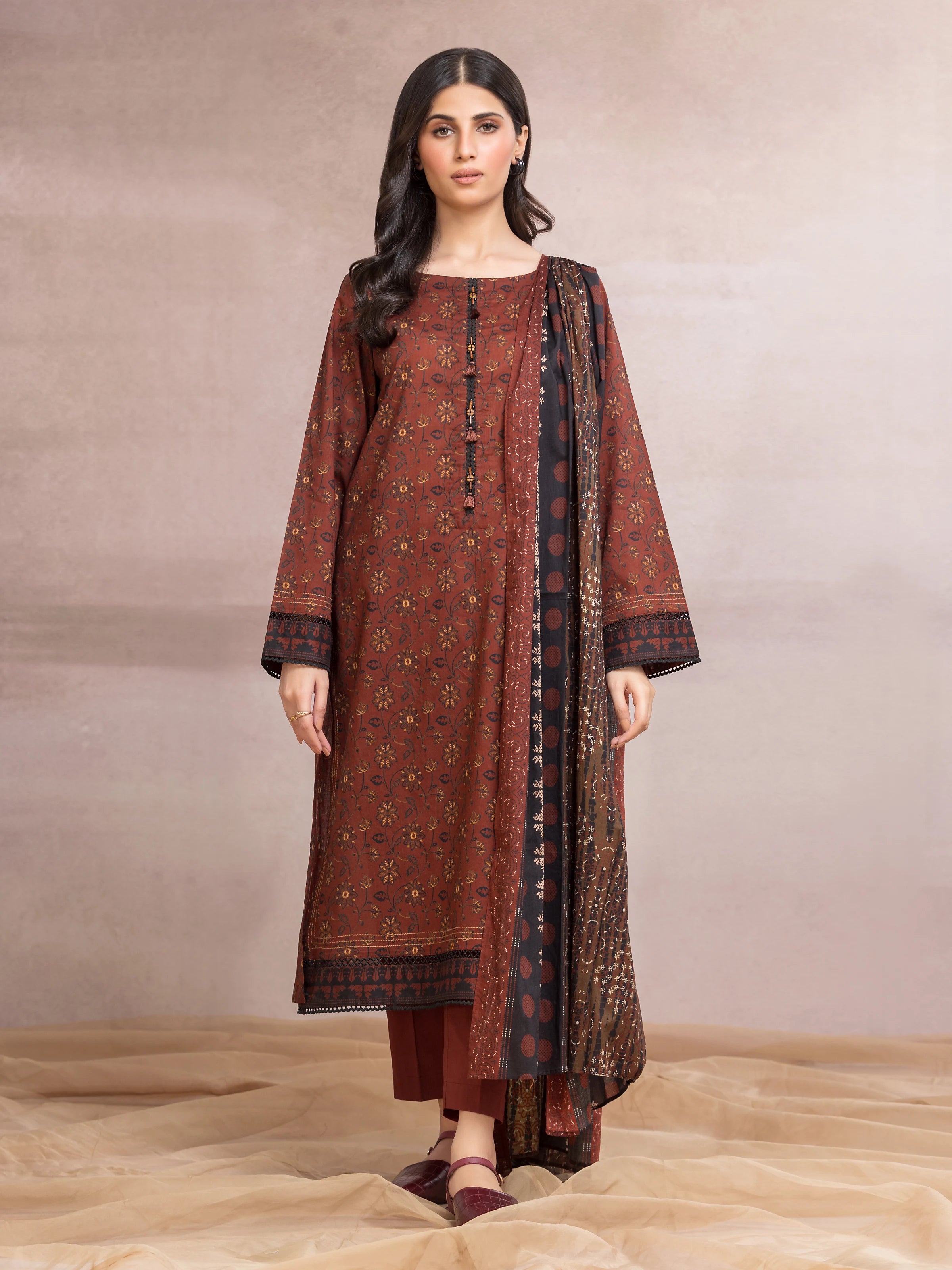 Unstitched Brown Printed Khaddar 3 Piece - EWU24A3-27184-3P