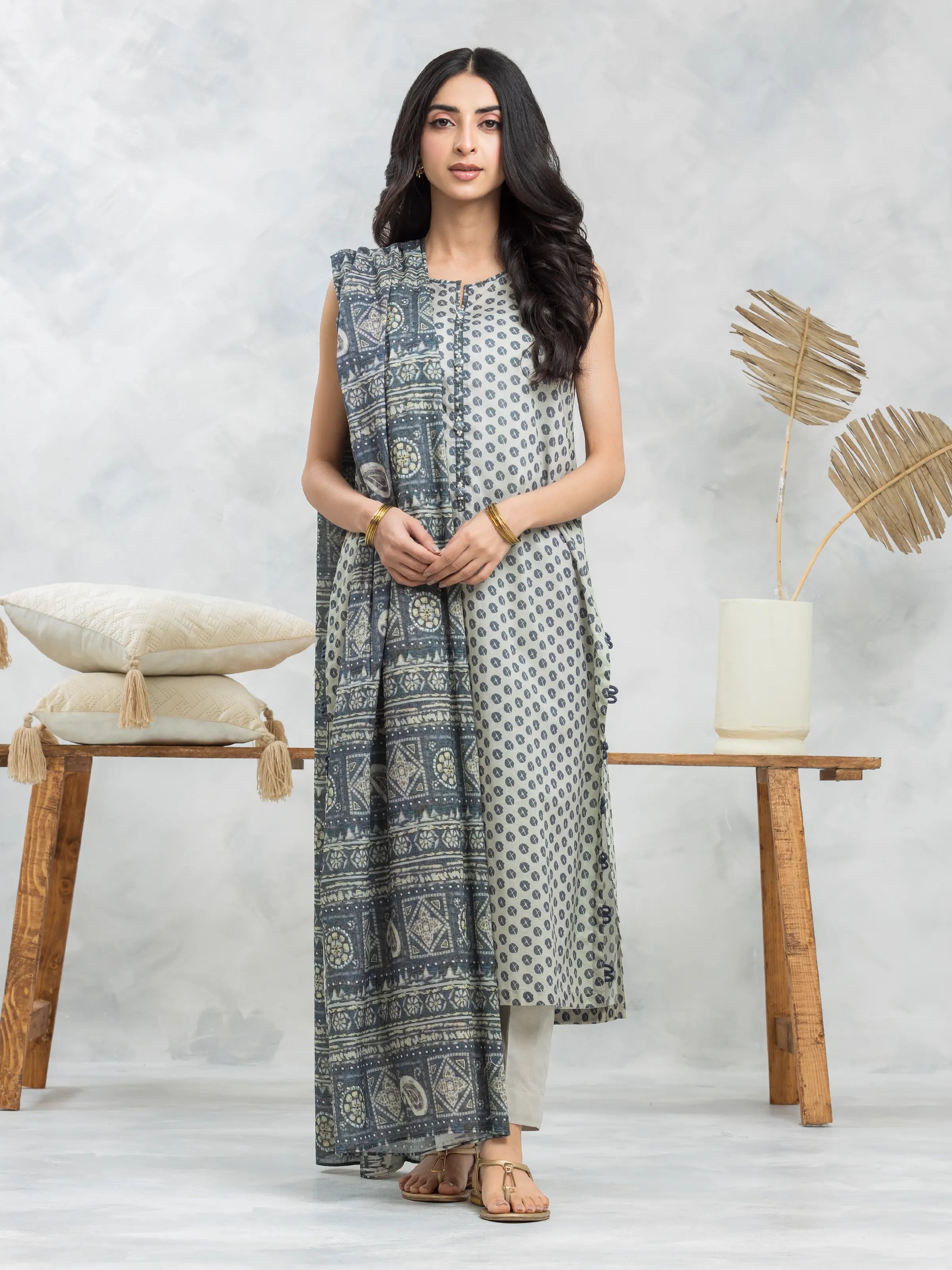 Unstitched Beige & Grey Printed Khaddar 3 Piece - EWU24A3-28092-3P