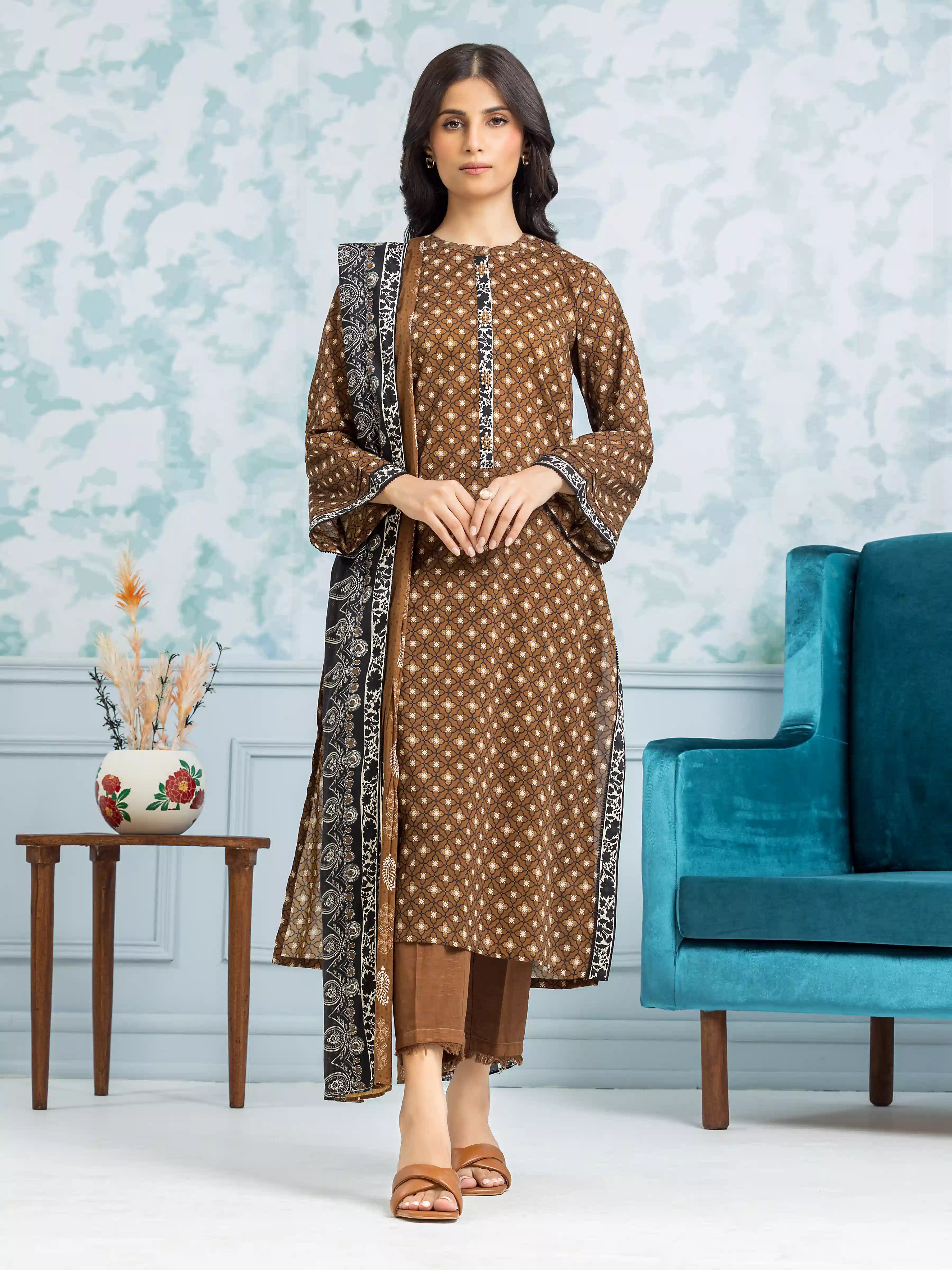 Unstitched Brown Printed Khaddar 3 Piece - EWU24A3-28114-3P