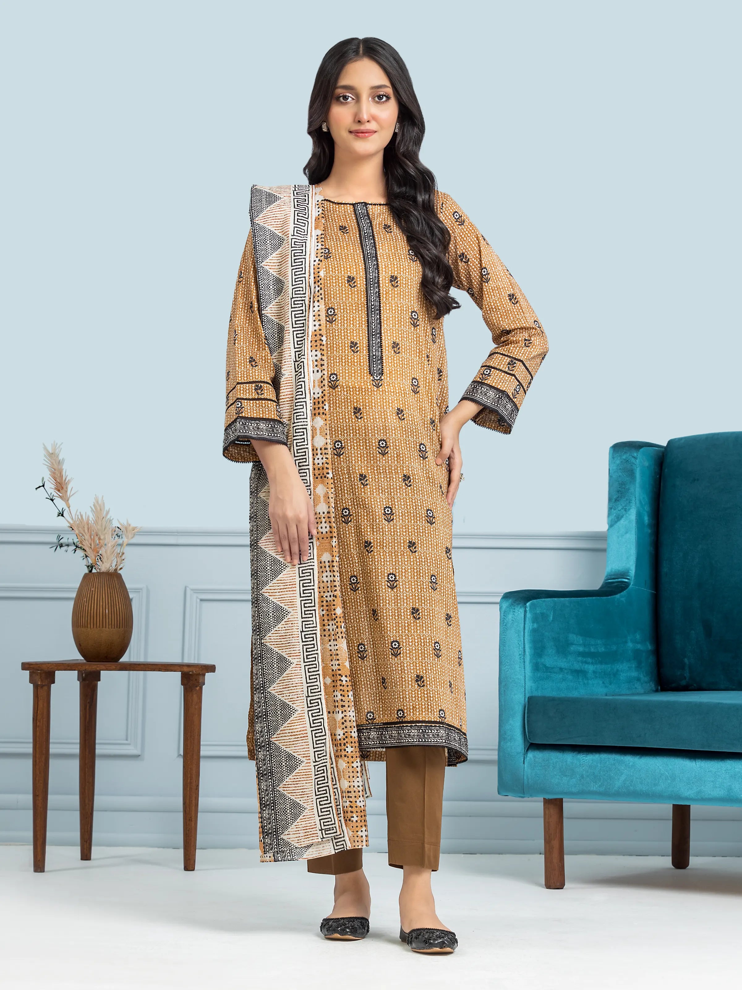 Unstitched Light Brown Printed Khaddar 3 Piece - EWU24A3-28151-3P