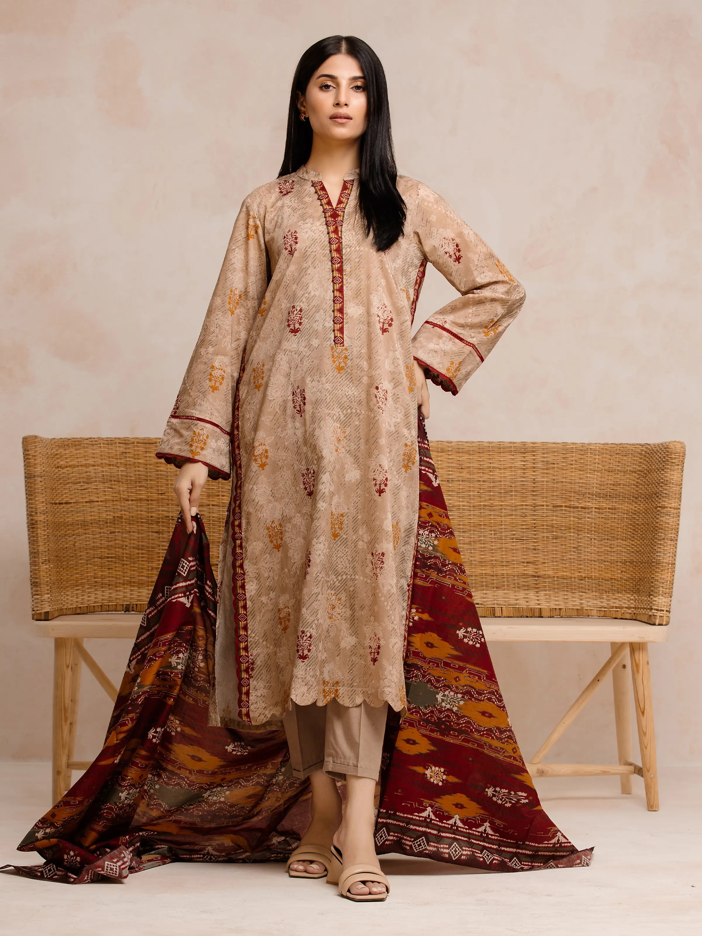 Unstitched Light Brown Printed Khaddar 3 Piece - EWU24A3-28197-3P