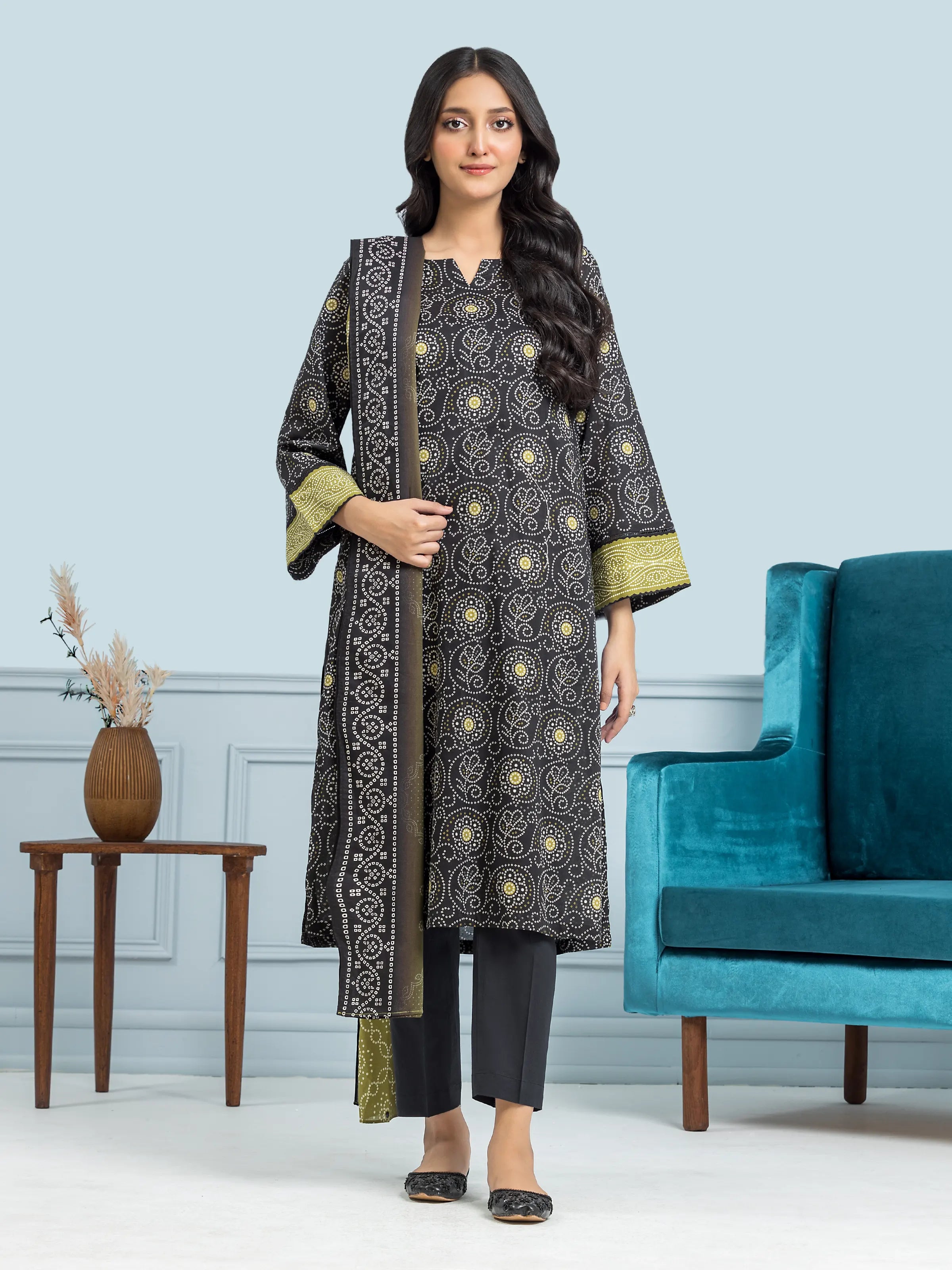 Unstitched Black Printed Khaddar 3 Piece - EWU24A3-28457-3P