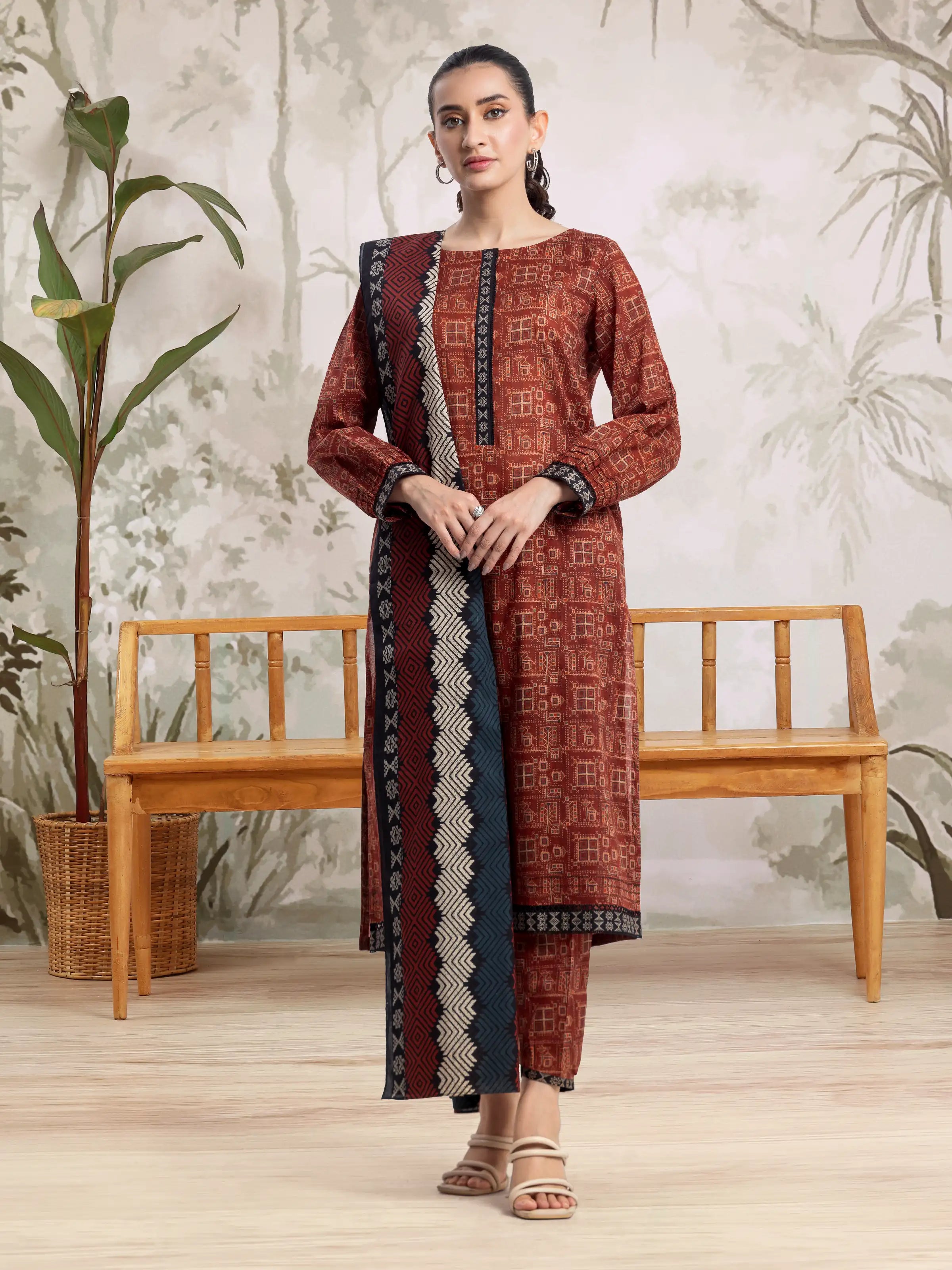 Unstitched Rust Printed Khaddar 3 Piece - EWU24A3-28494-3P