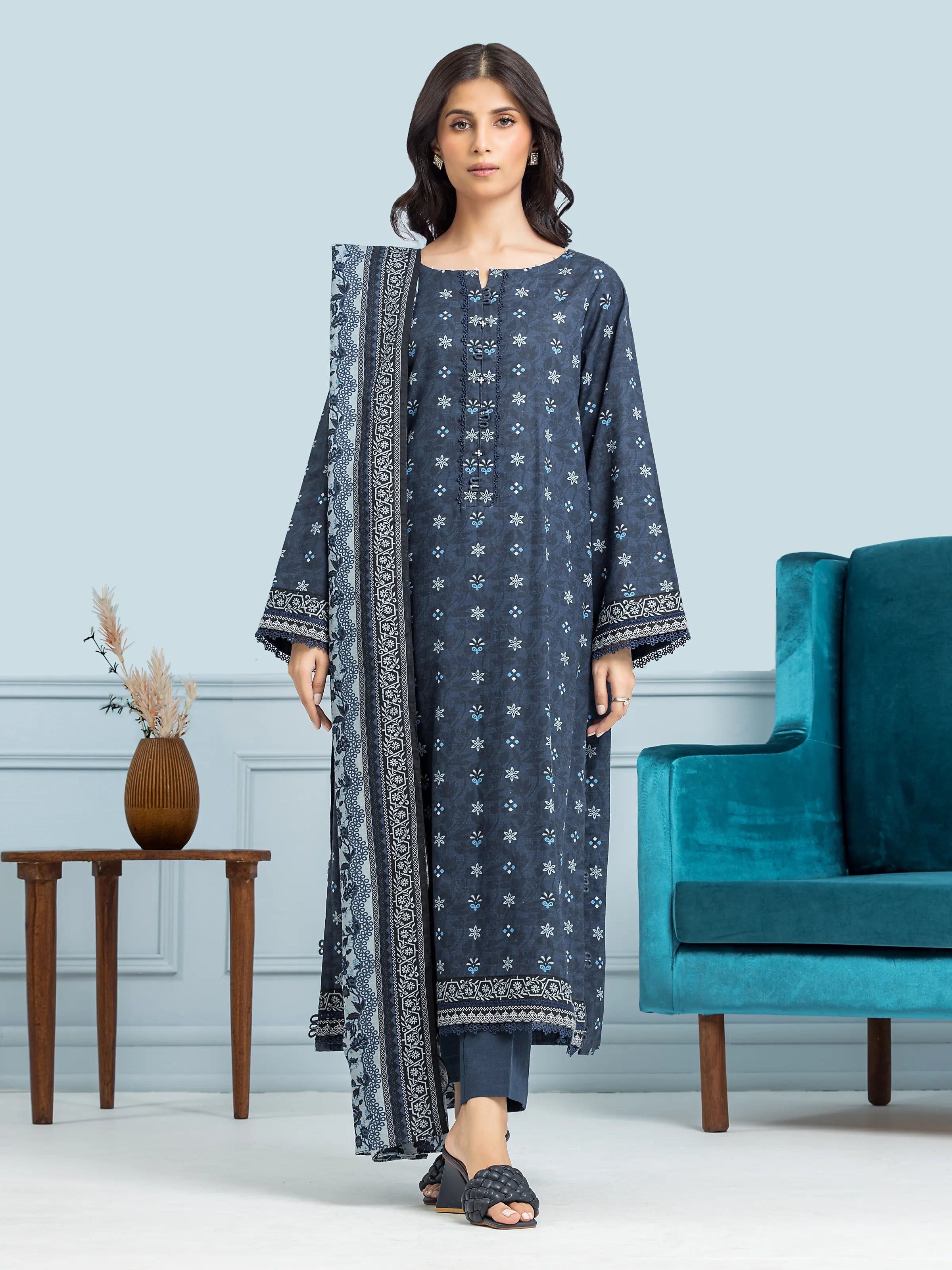 Unstitched Navy Blue Printed Khaddar 3 Piece - EWU24A3-29302-3P