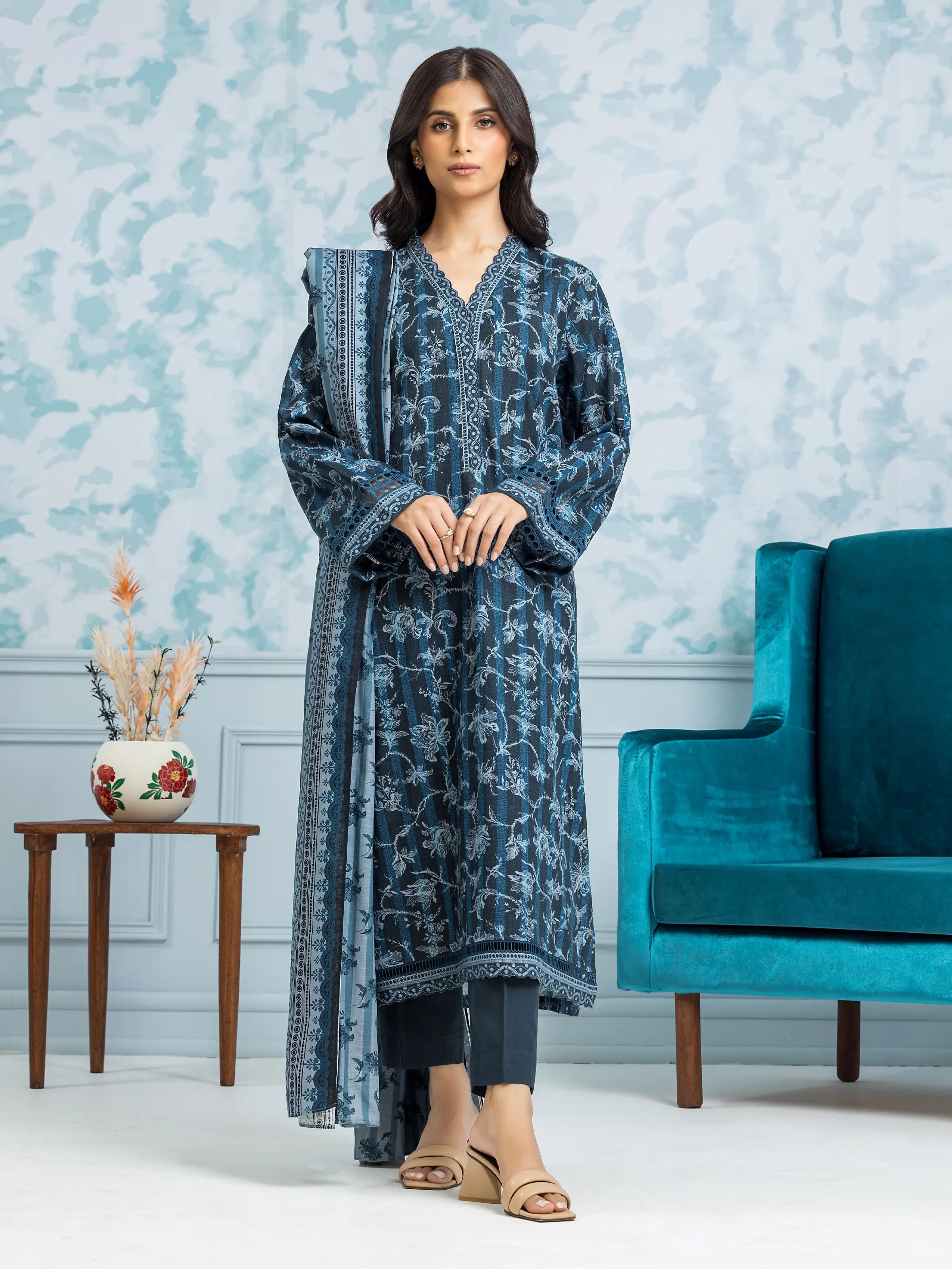 Unstitched Navy Printed Khaddar 3 Piece - EWU24A3-29303-3P