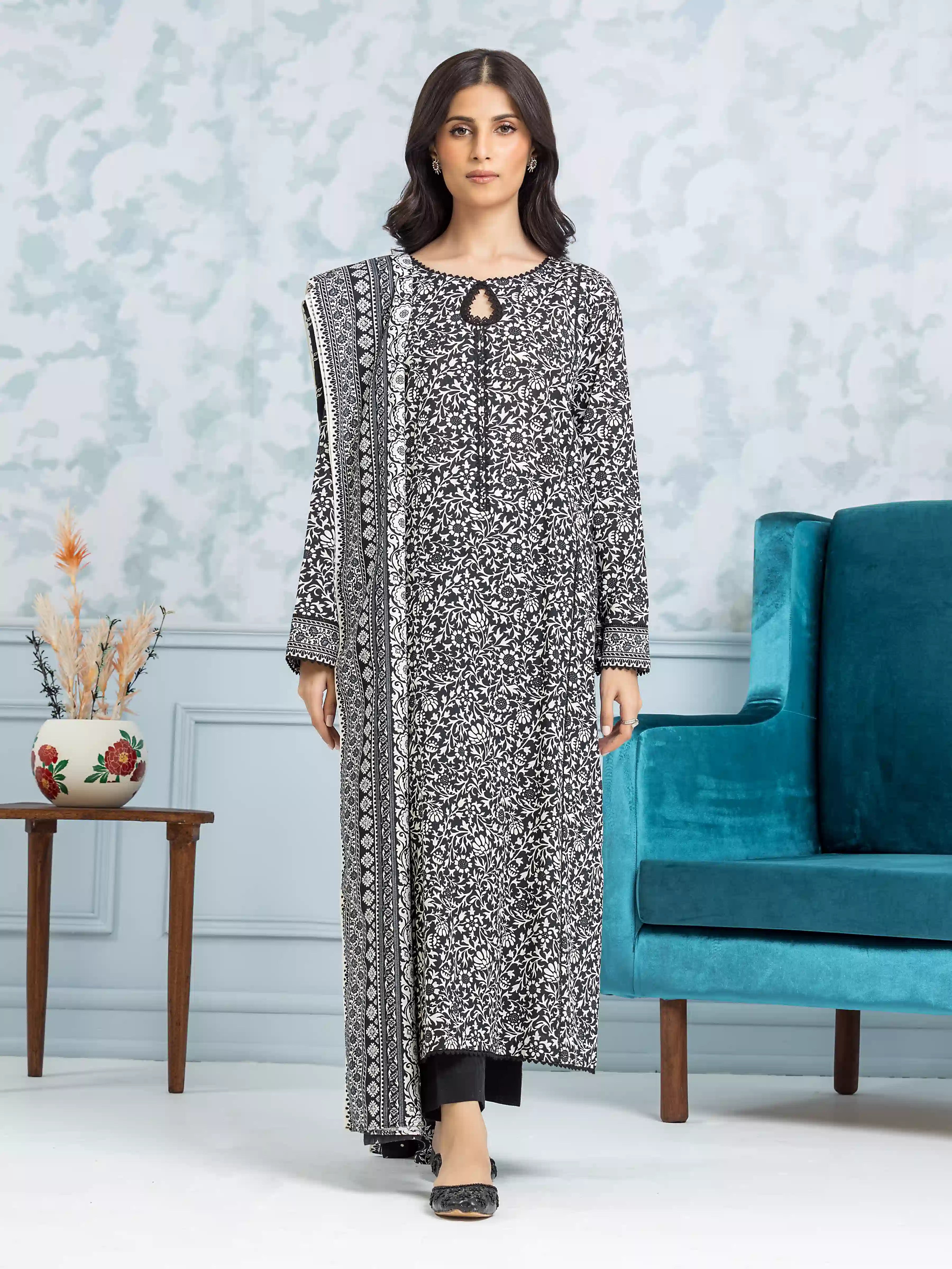 Unstitched Black & White Printed Khaddar 3 Piece - EWU24A3-29304-3P