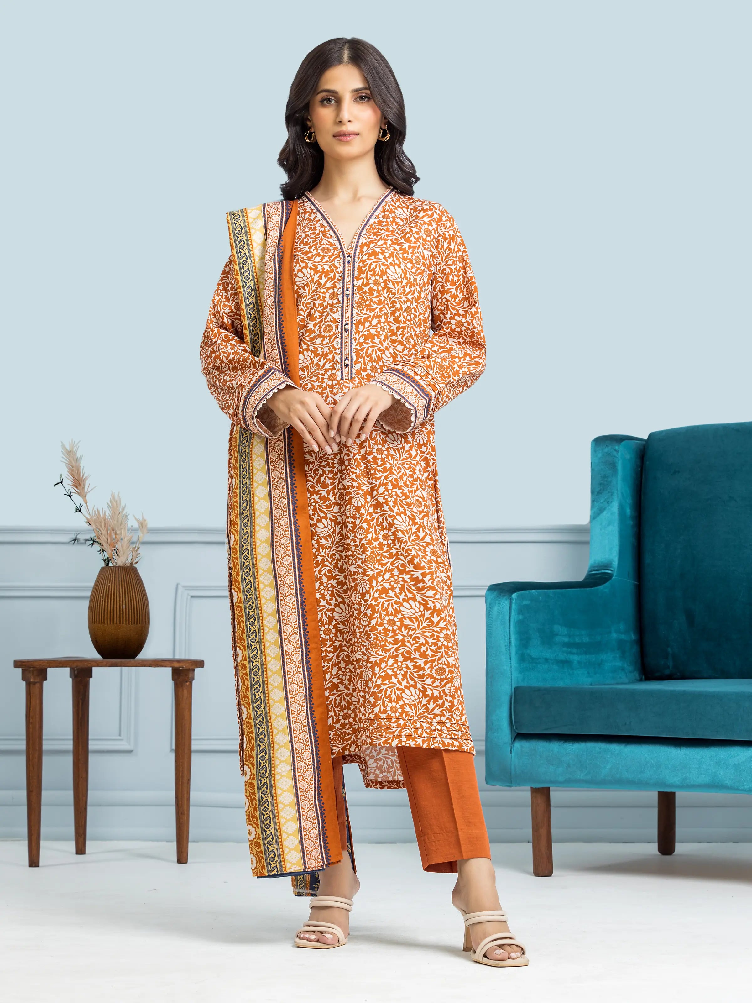 Unstitched Cream & Rust Printed Khaddar 3 Piece - EWU24A3-29305-3P