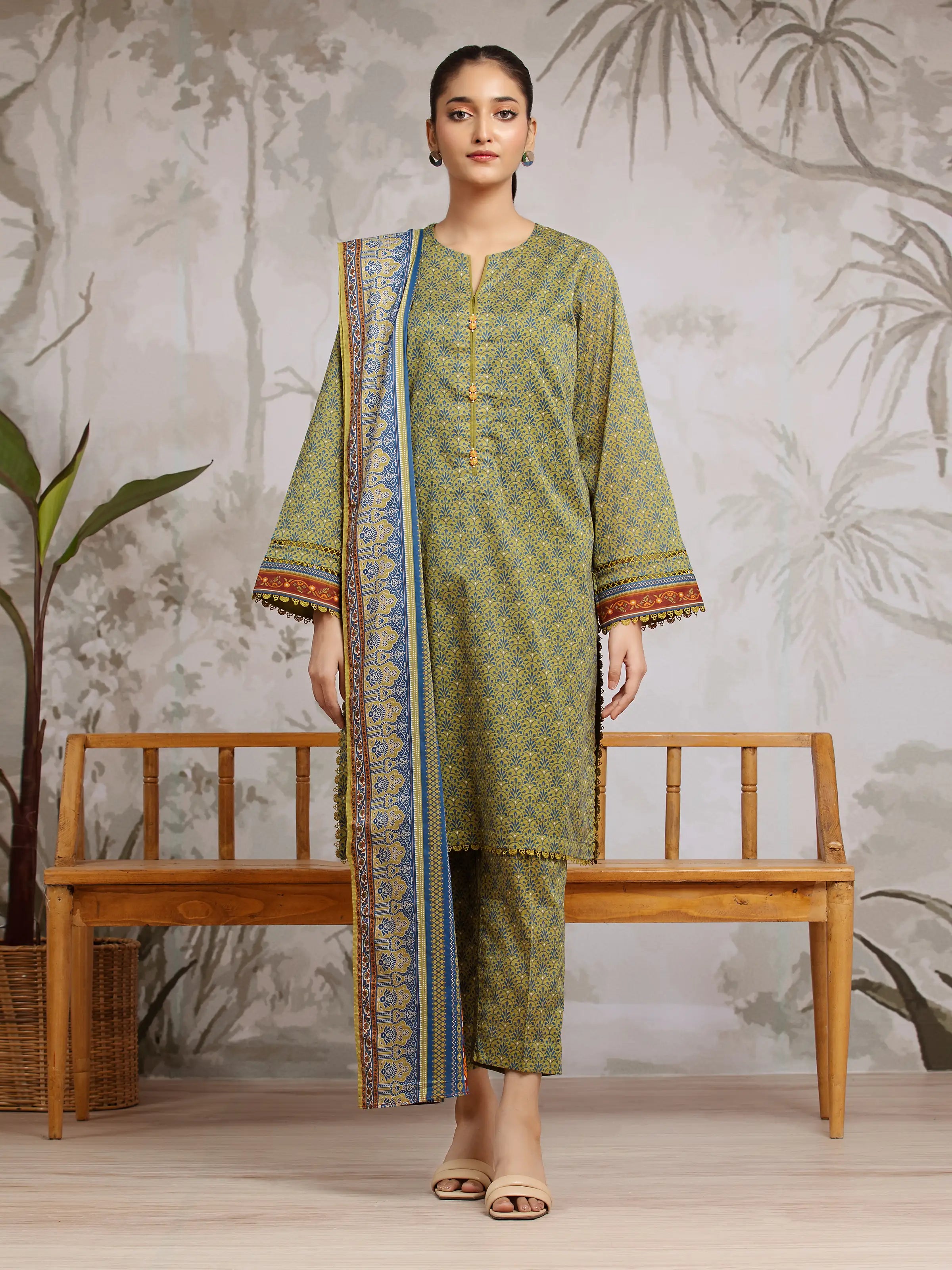 Unstitched Olive Green Printed Khaddar 3 Piece - EWU24A3-29307-3P