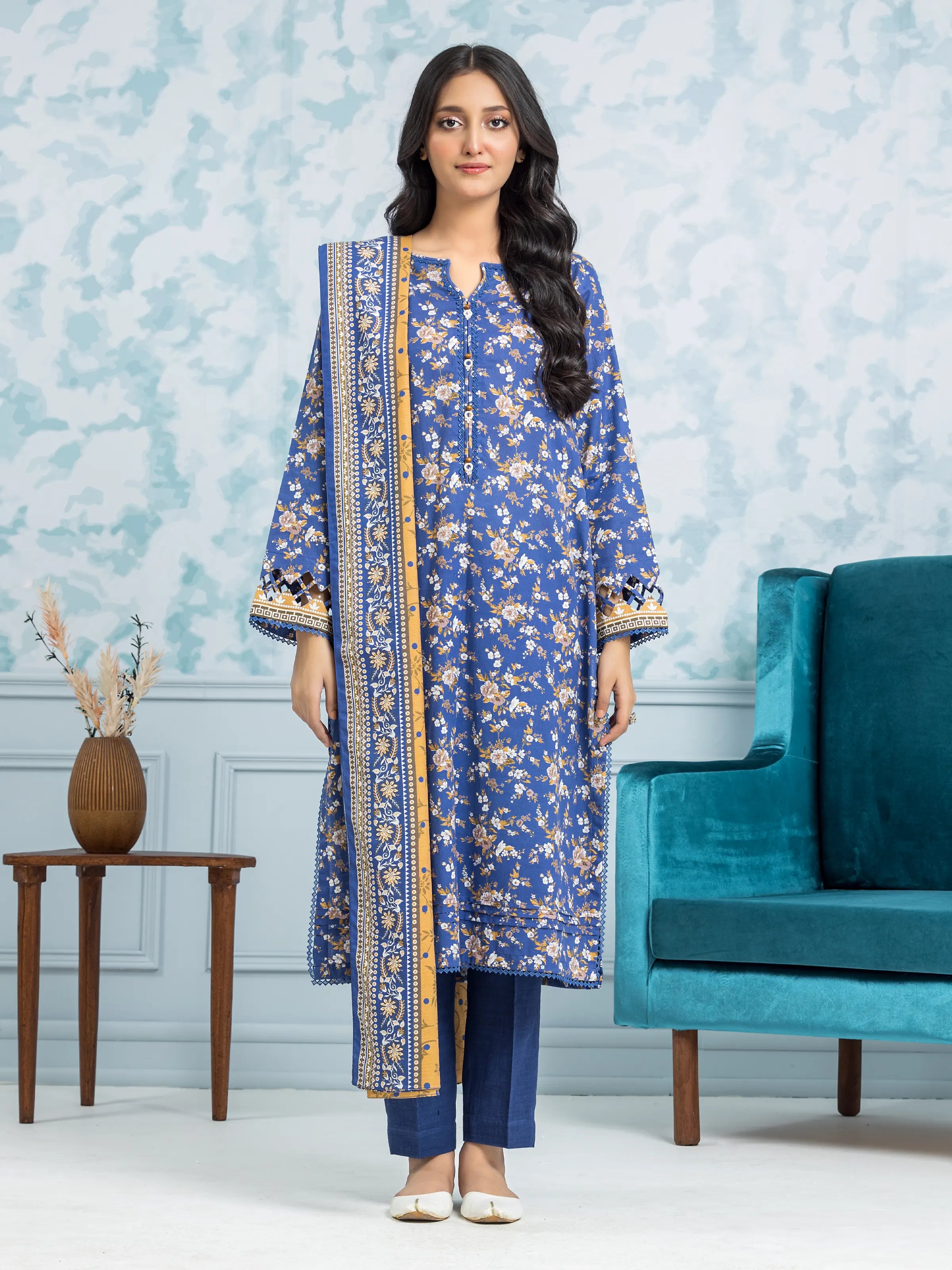 Unstitched Royal Blue Printed Khaddar 3 Piece - EWU24A3-29308-3P