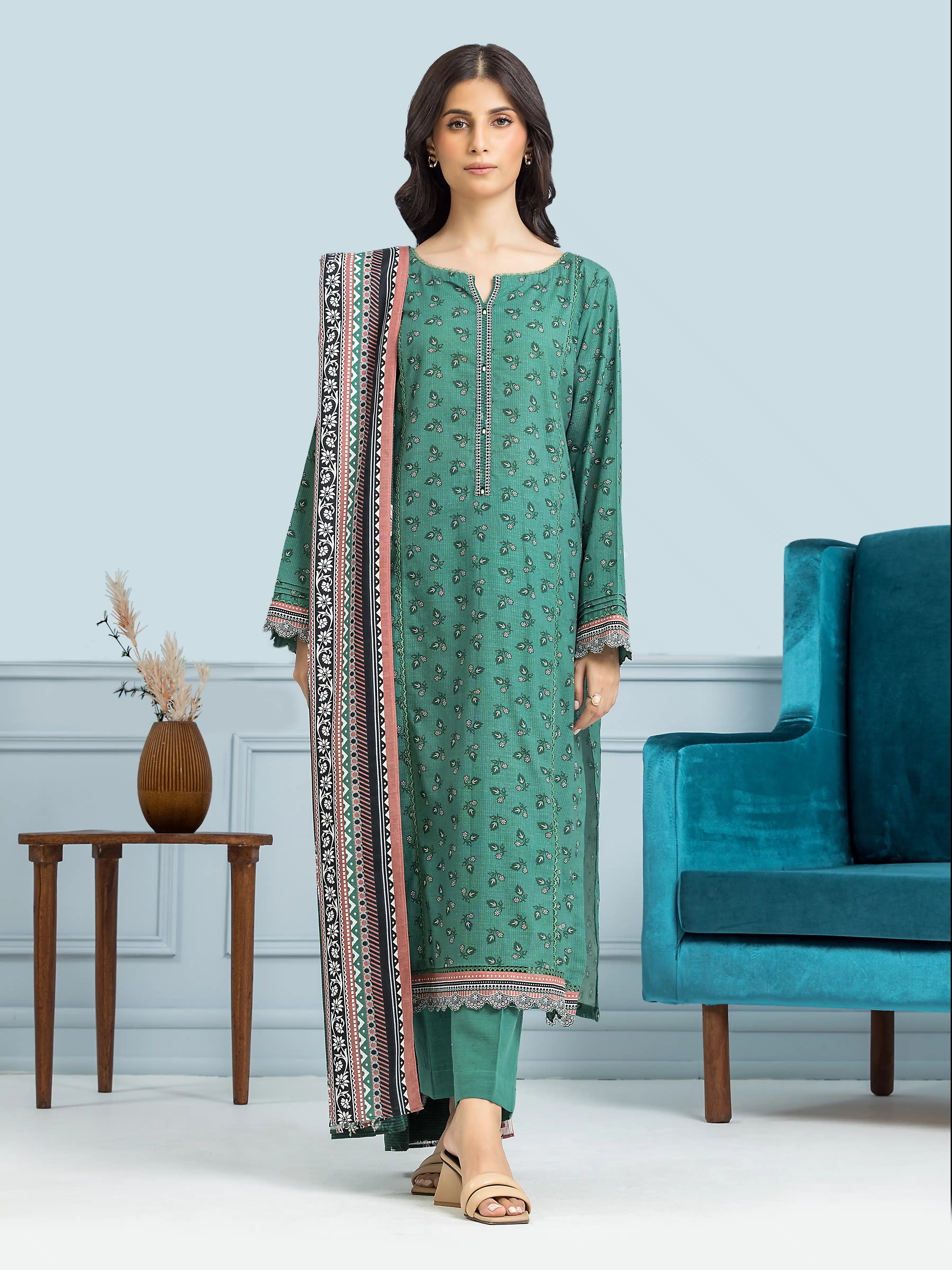 Unstitched Sea Green Printed Khaddar 3 Piece - EWU24A3-29309-3P