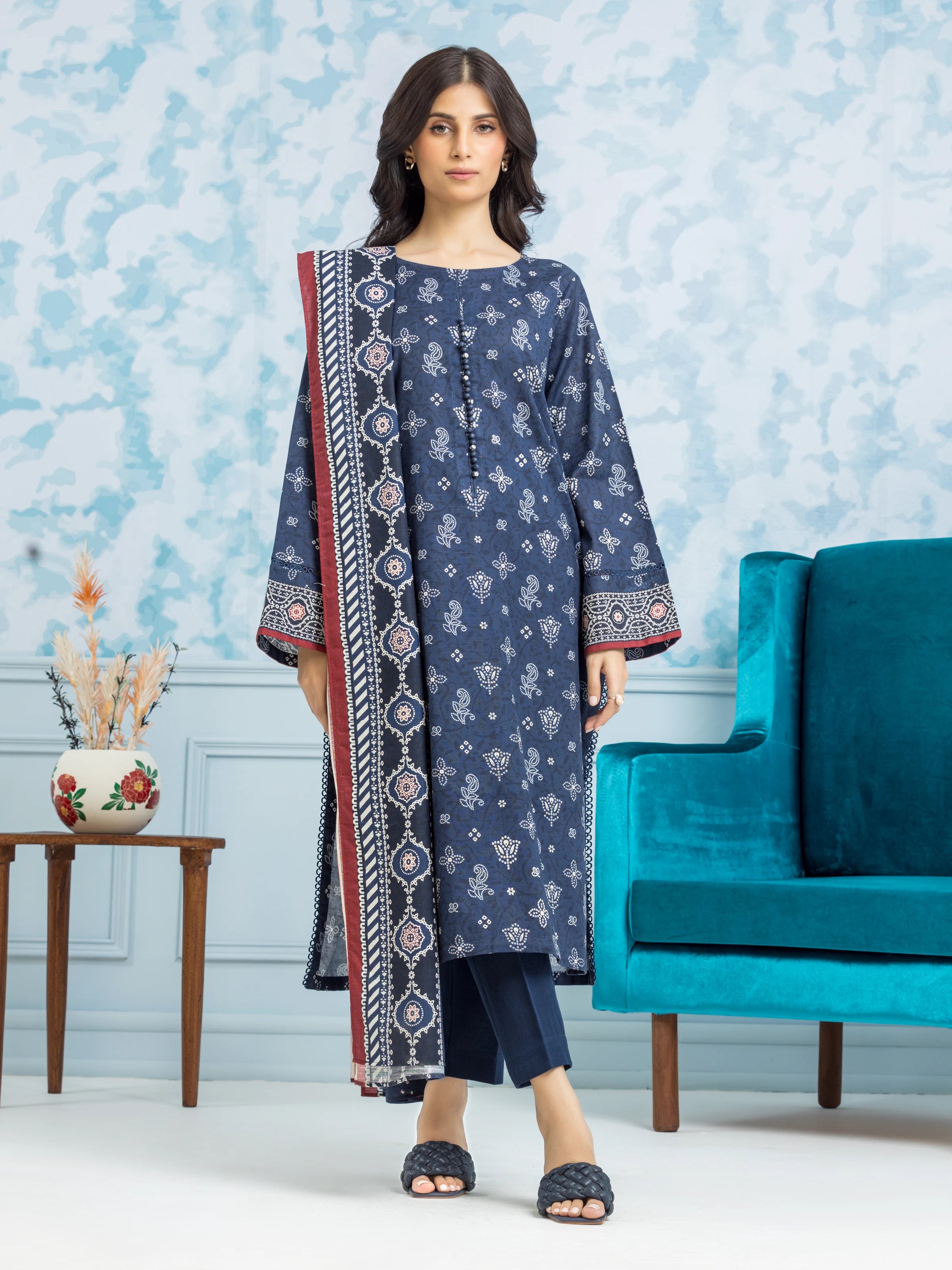 Unstitched Navy Blue Printed Khaddar 3 Piece - EWU24A3-29312-3P