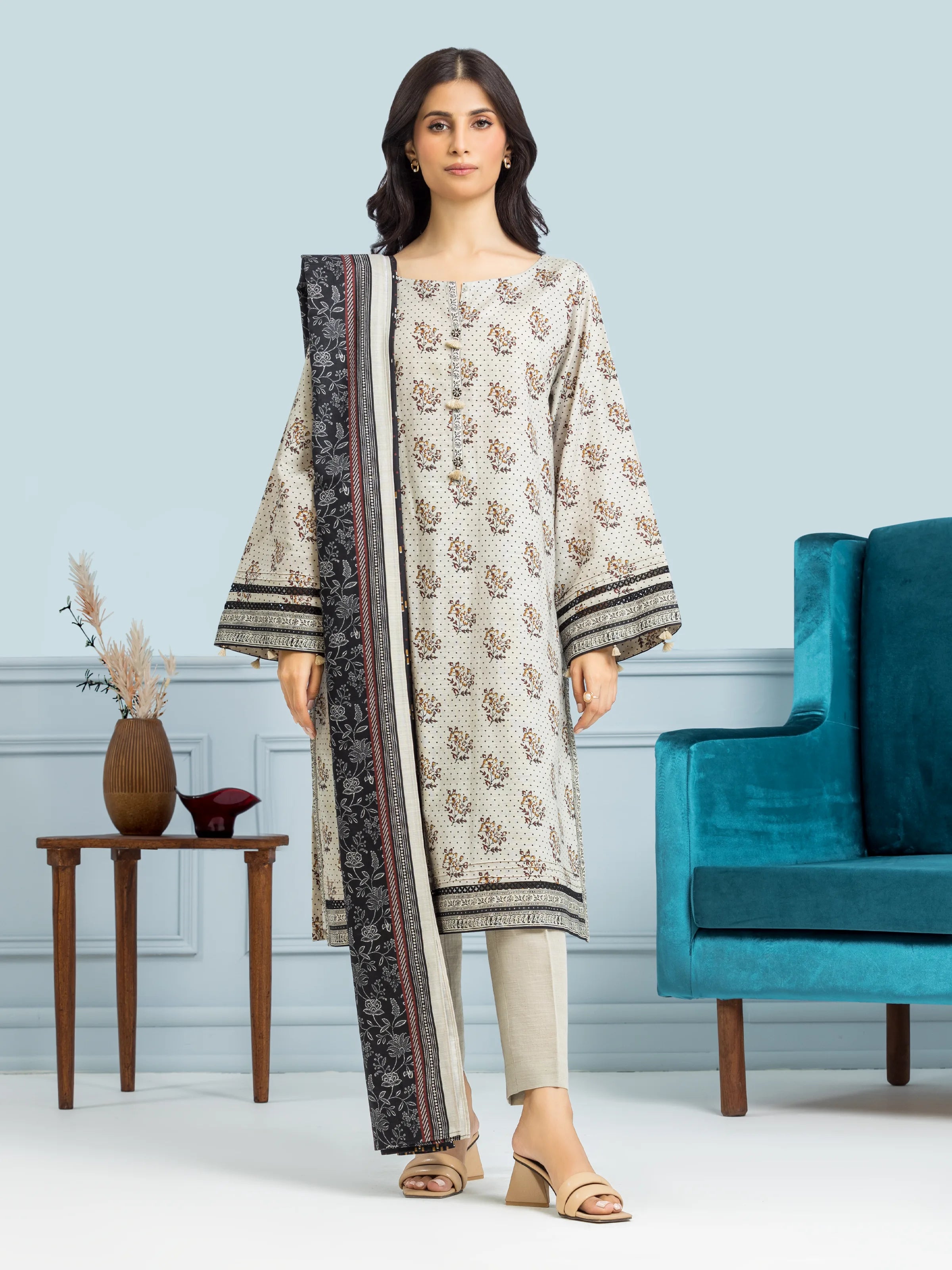 Unstitched Beige Printed Khaddar 3 Piece - EWU24A3-29314-3P