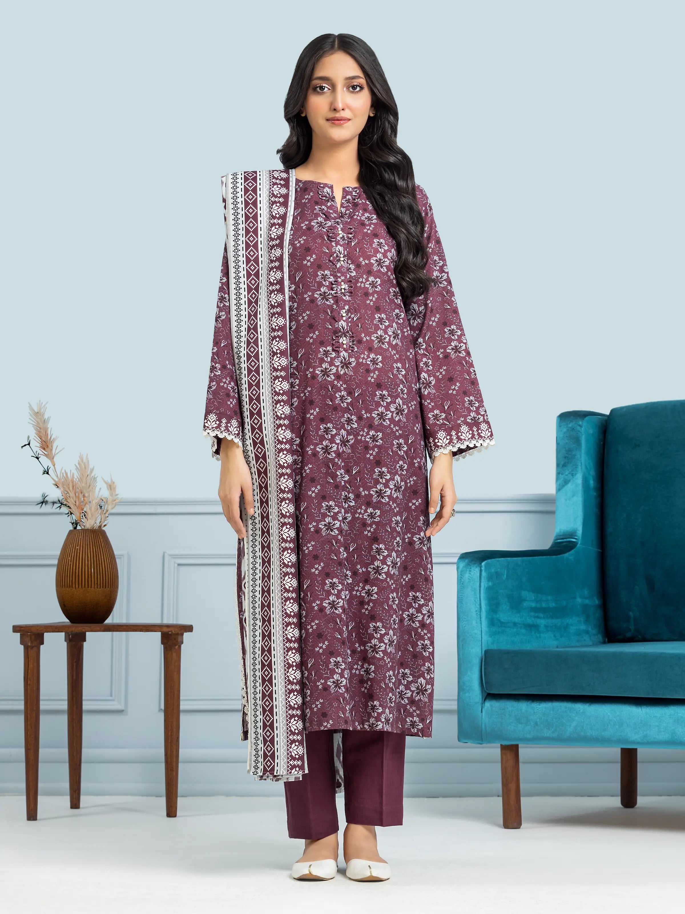 Unstitched Plum Printed Khaddar 3 Piece - EWU24A3-29317-3P