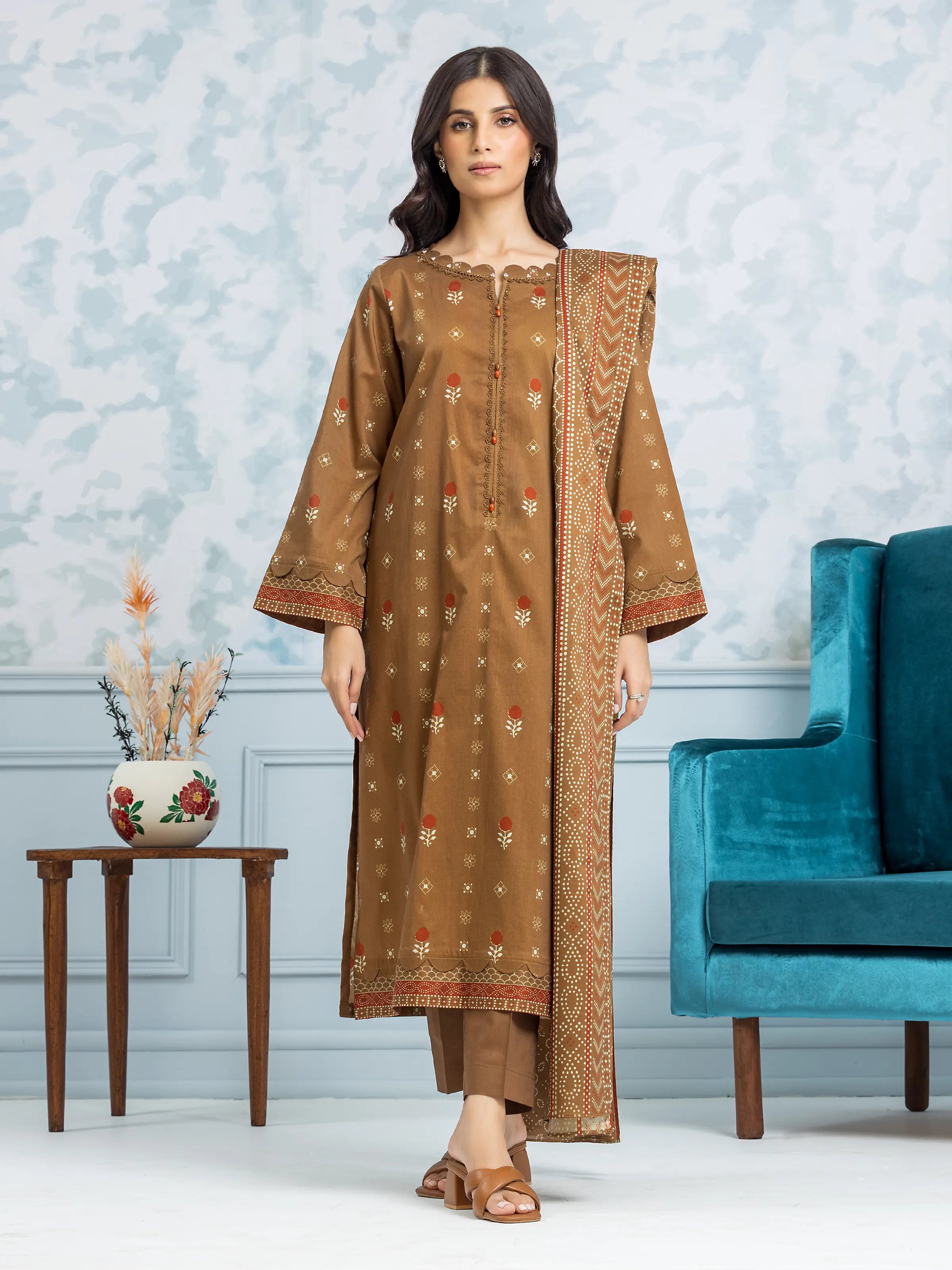 Unstitched Brown Printed Khaddar 3 Piece - EWU24A3-29323-3P