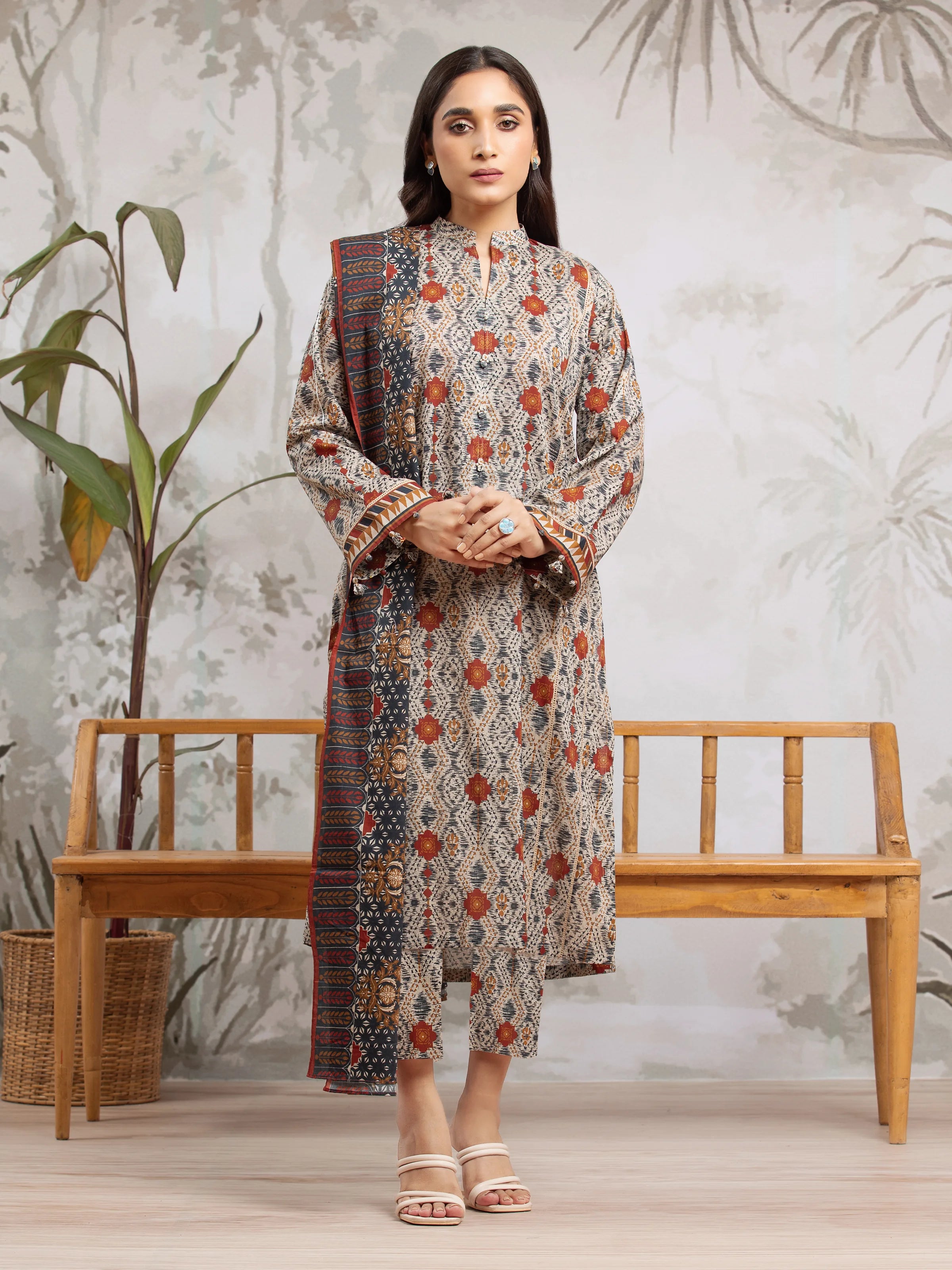 Unstitched Beige Multi Printed Khaddar 3 Piece - EWU24A3-29327-3P