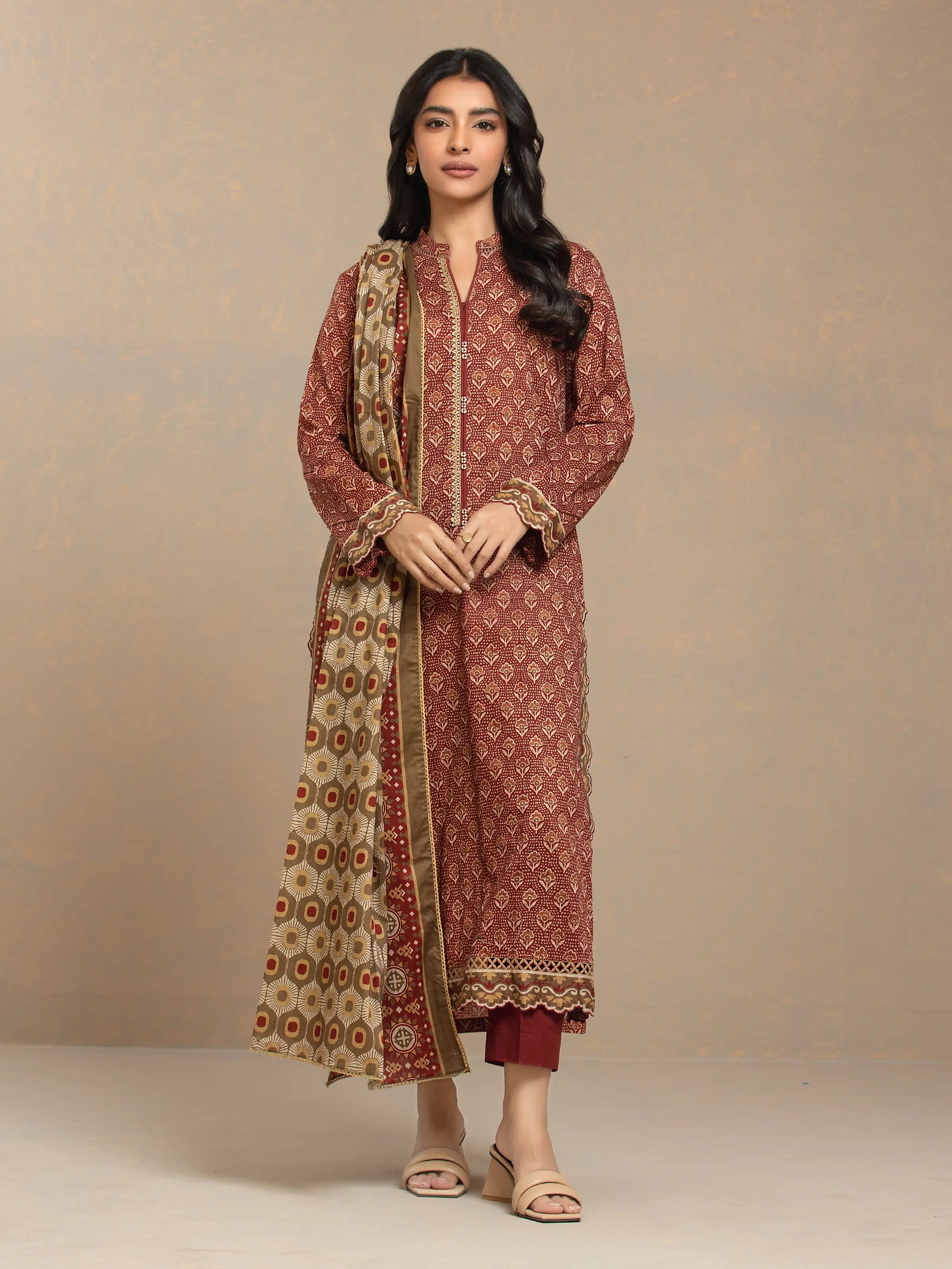 Unstitched Rust Printed Khaddar 3 Piece - EWU24A3-29504-3P