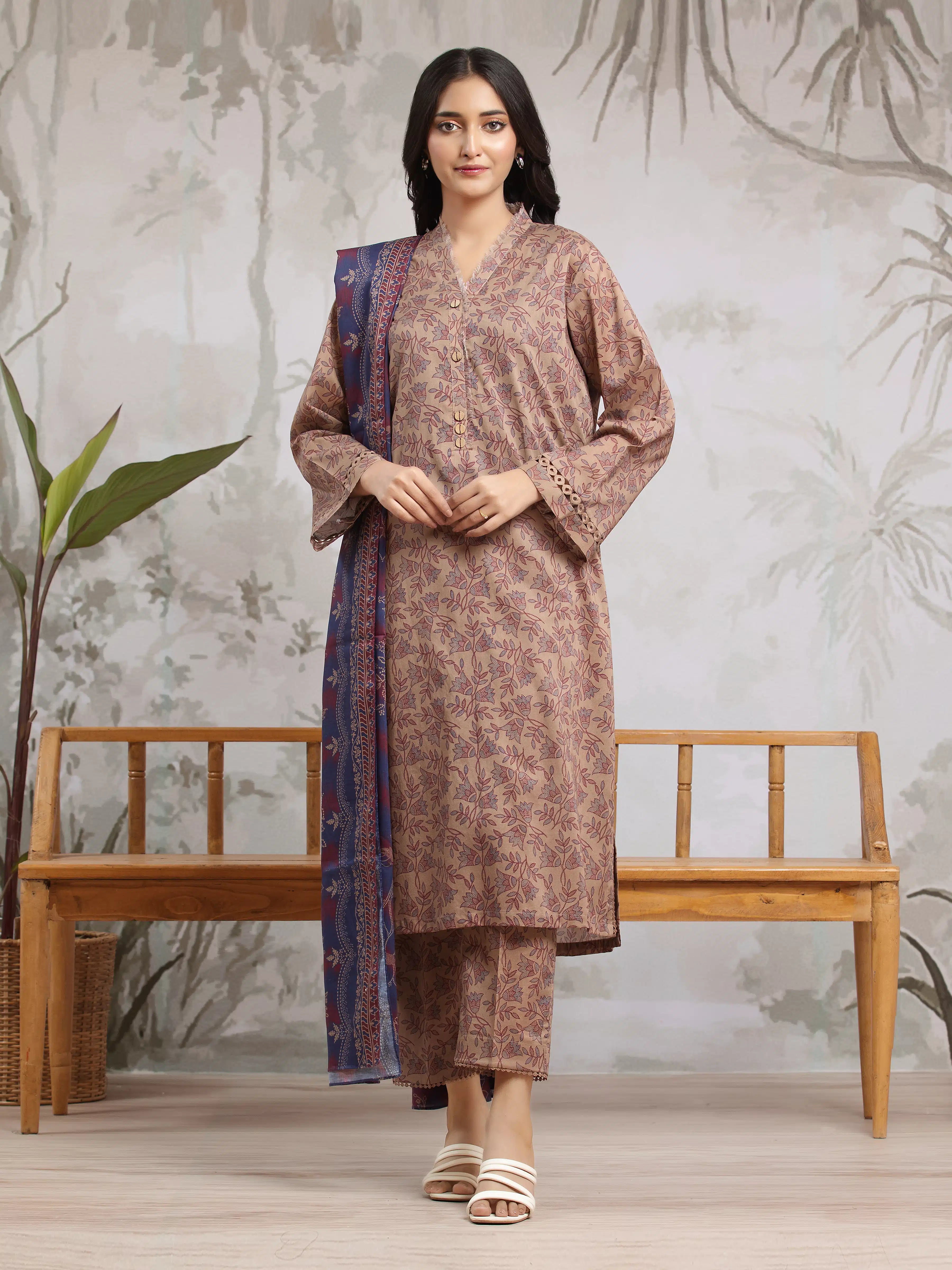 Unstitched Coffee Printed Khaddar 3 Piece - EWU24A3-29507-3P