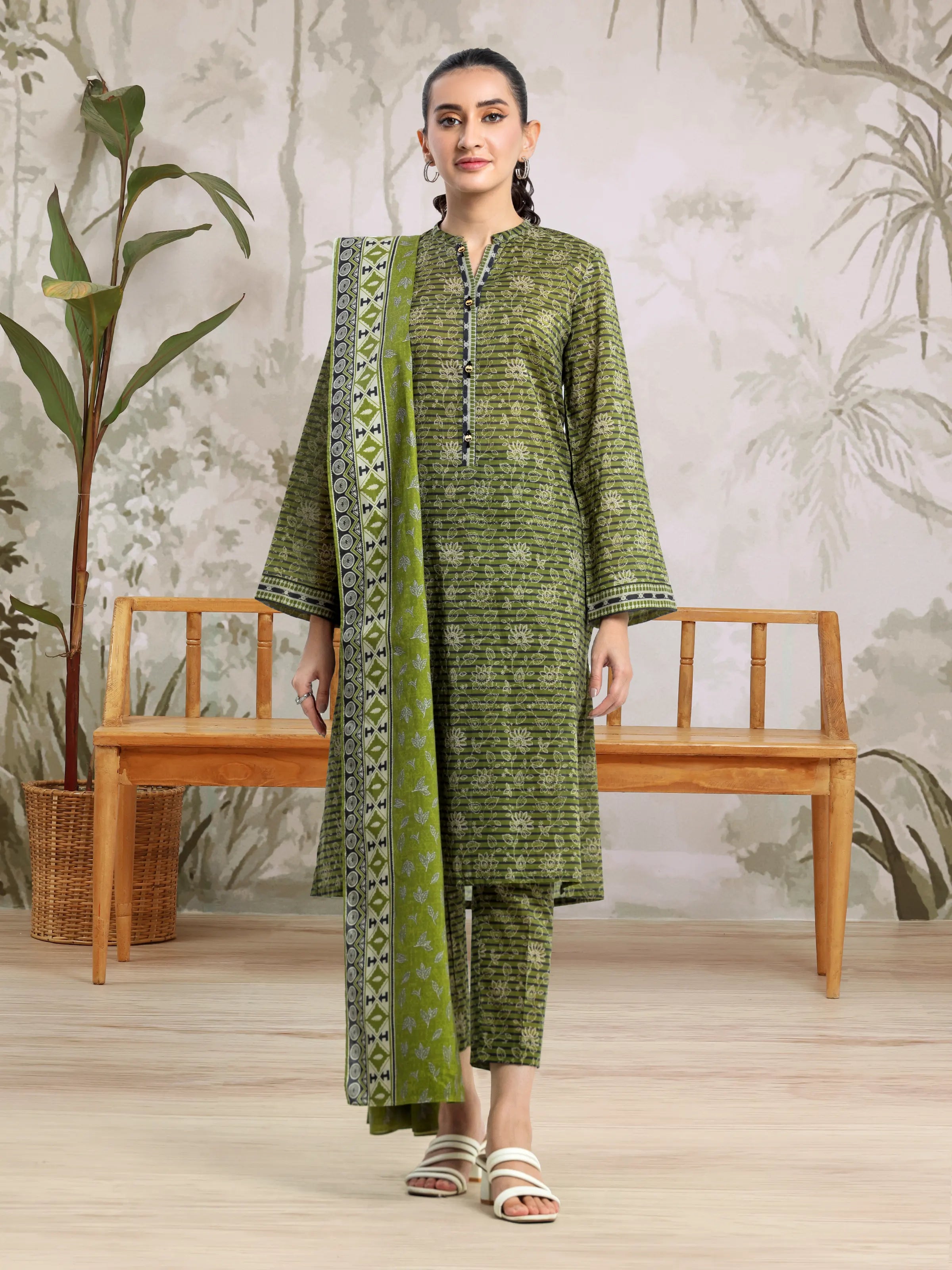 Unstitched Olive Printed Khaddar 3 Piece - EWU24A3-29510-3P