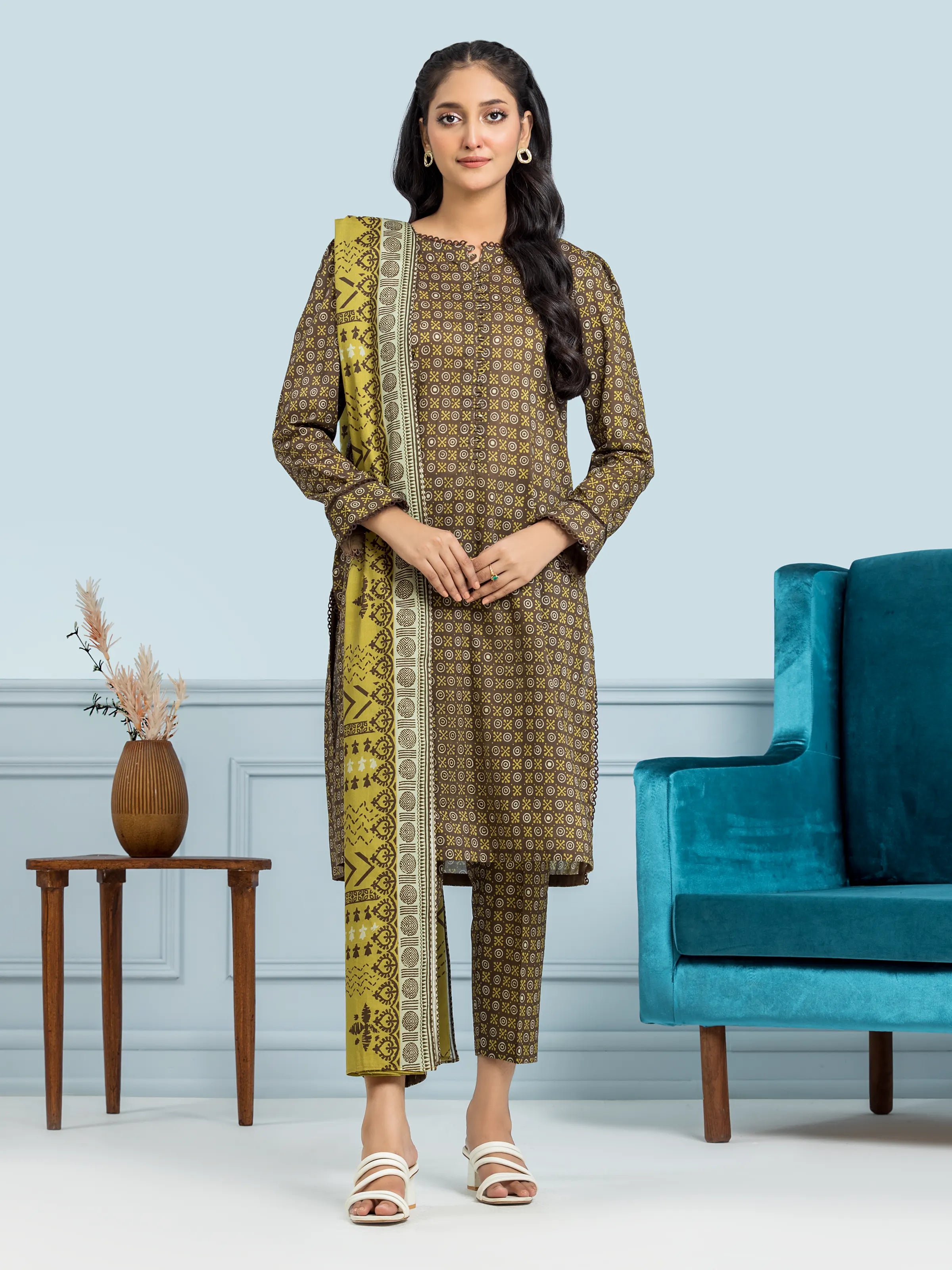 Unstitched Dark Olive Printed Khaddar 3 Piece - EWU24A3-29566-3P