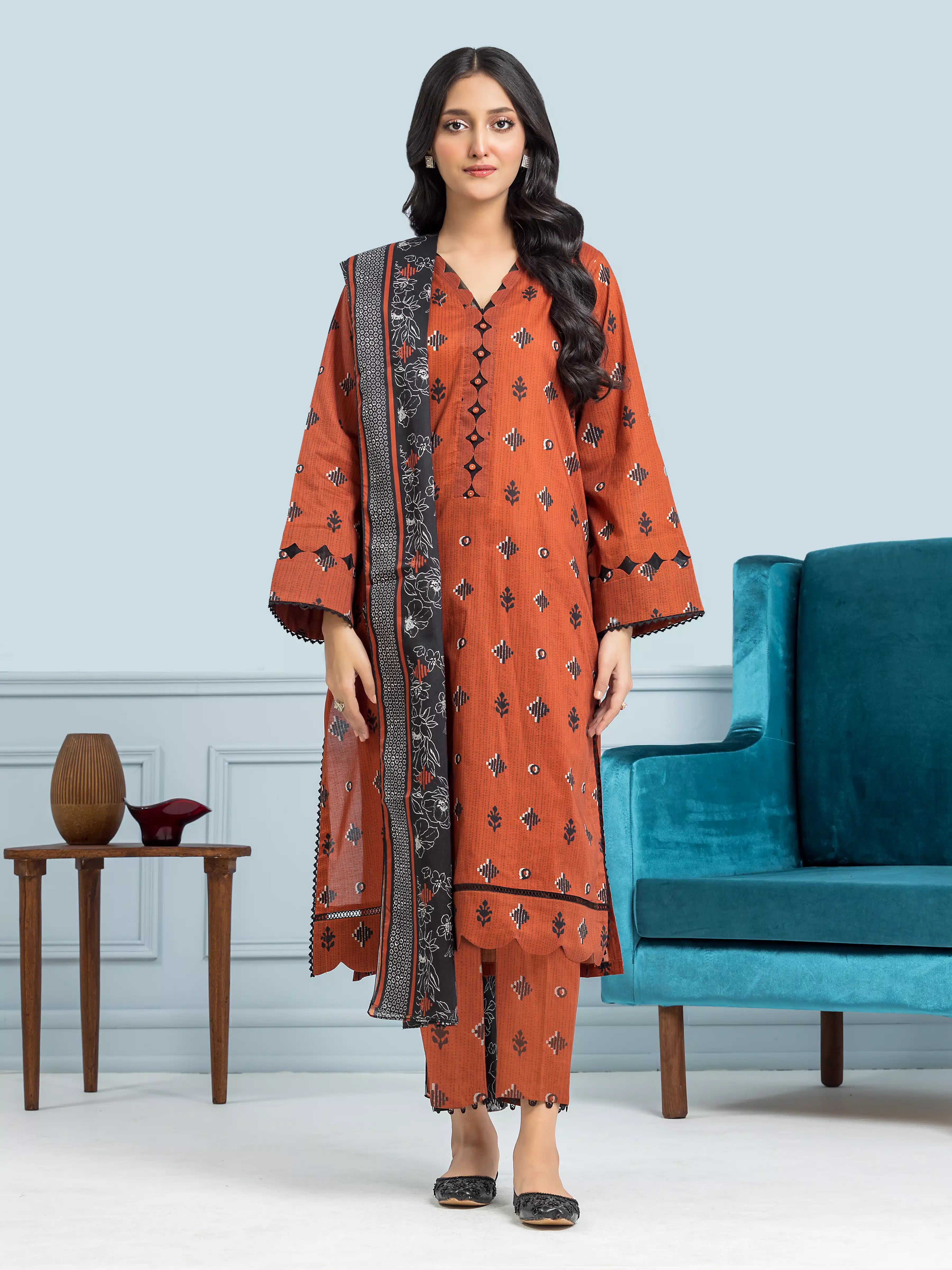 Unstitched Rust Printed Khaddar 3 Piece - EWU24A3-29579-3P