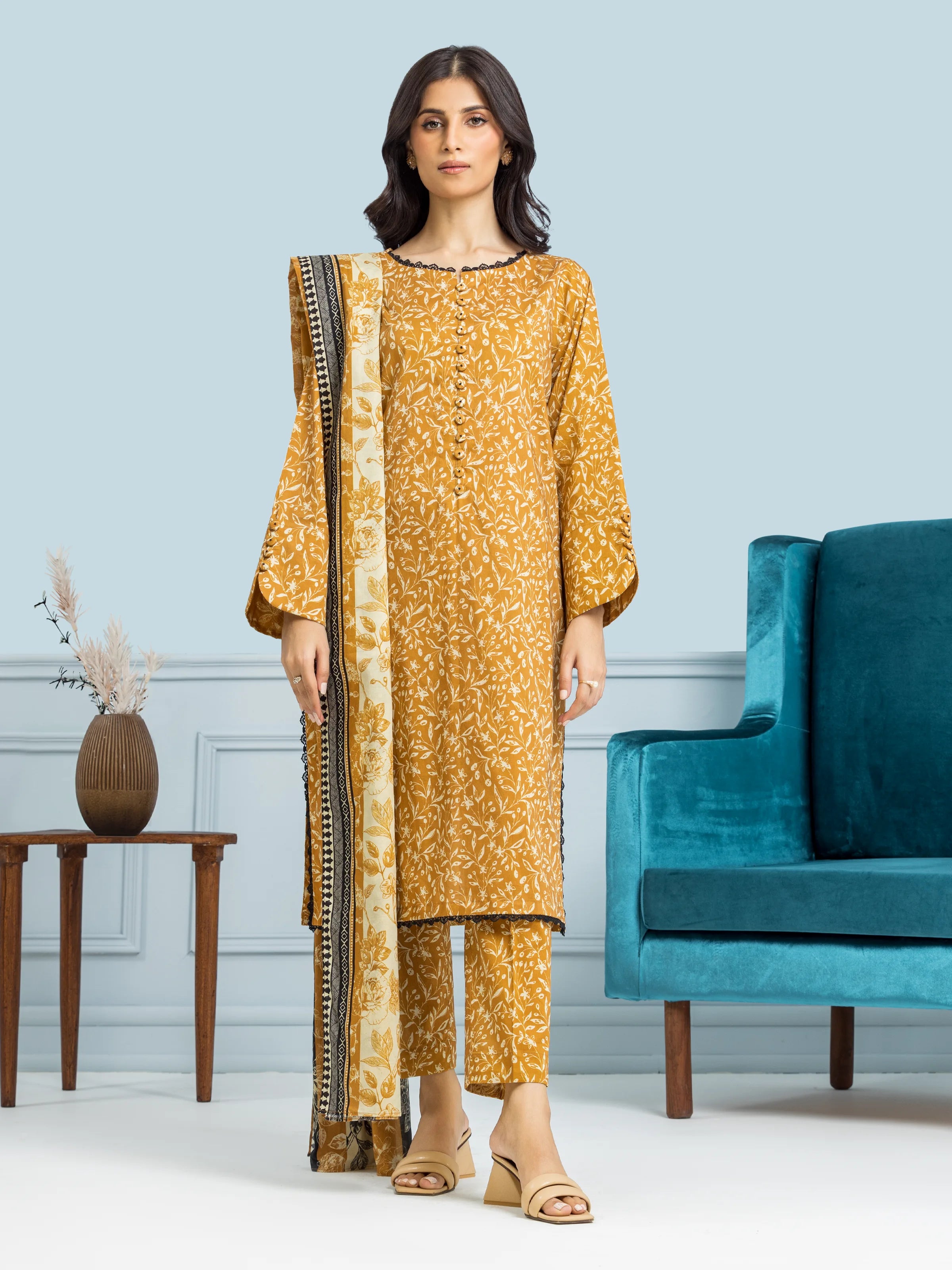 Unstitched Mustard Printed Khaddar 3 Piece - EWU24A3-29580-3P